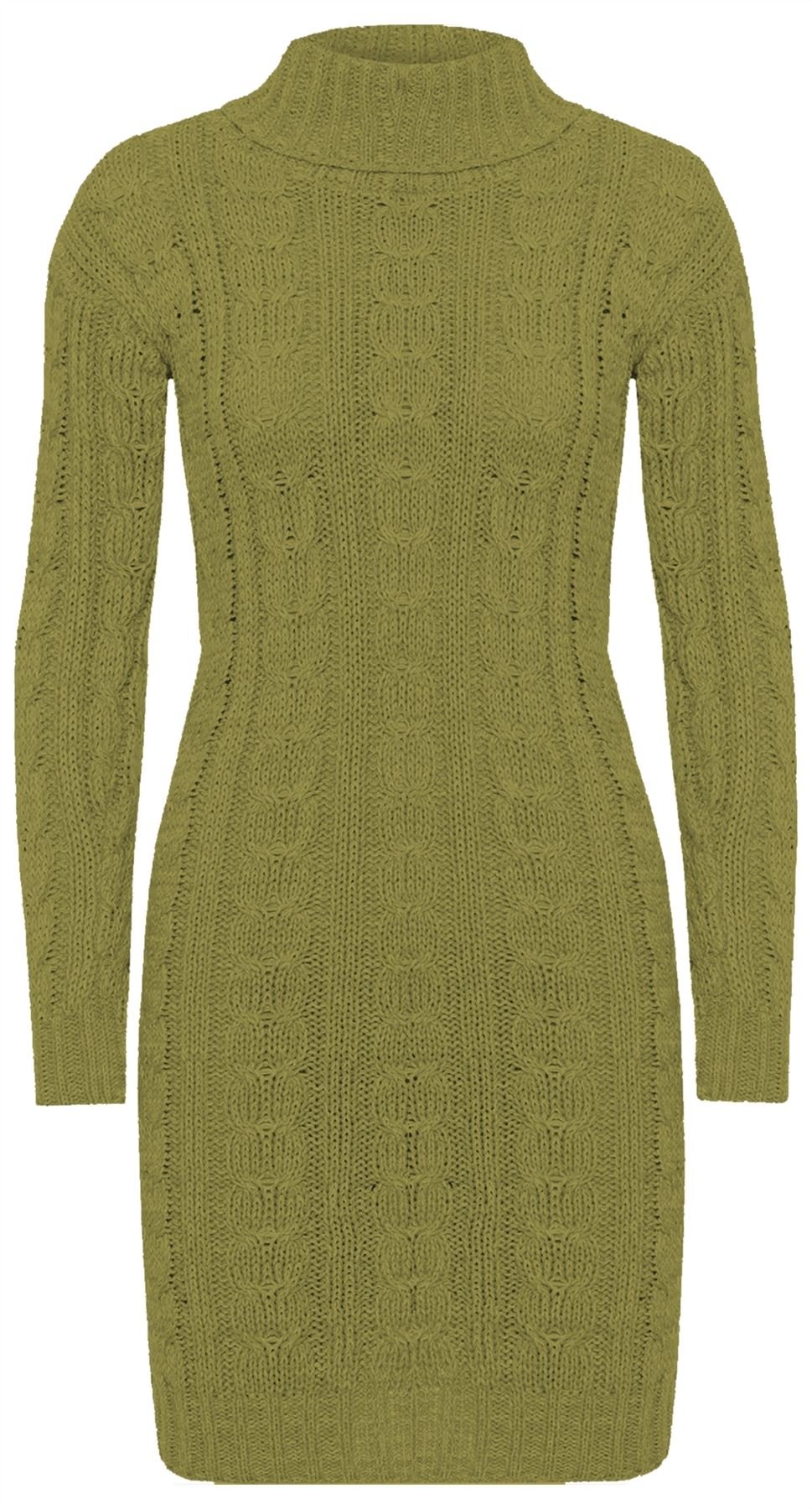 FASHION 7STAR Womens Polo Neck Chunky Cable Knitted Jumper Ladies Pullover Bodycon Party Tunic Jumper Dress Khaki