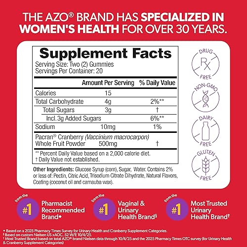 Miniatura 2 de AZO Gomitas de arándano para la salud del tracto urinario, suplemento dietético, 2 gomitas = vaso de jugo de arándano, ayuda a limpiar y proteger