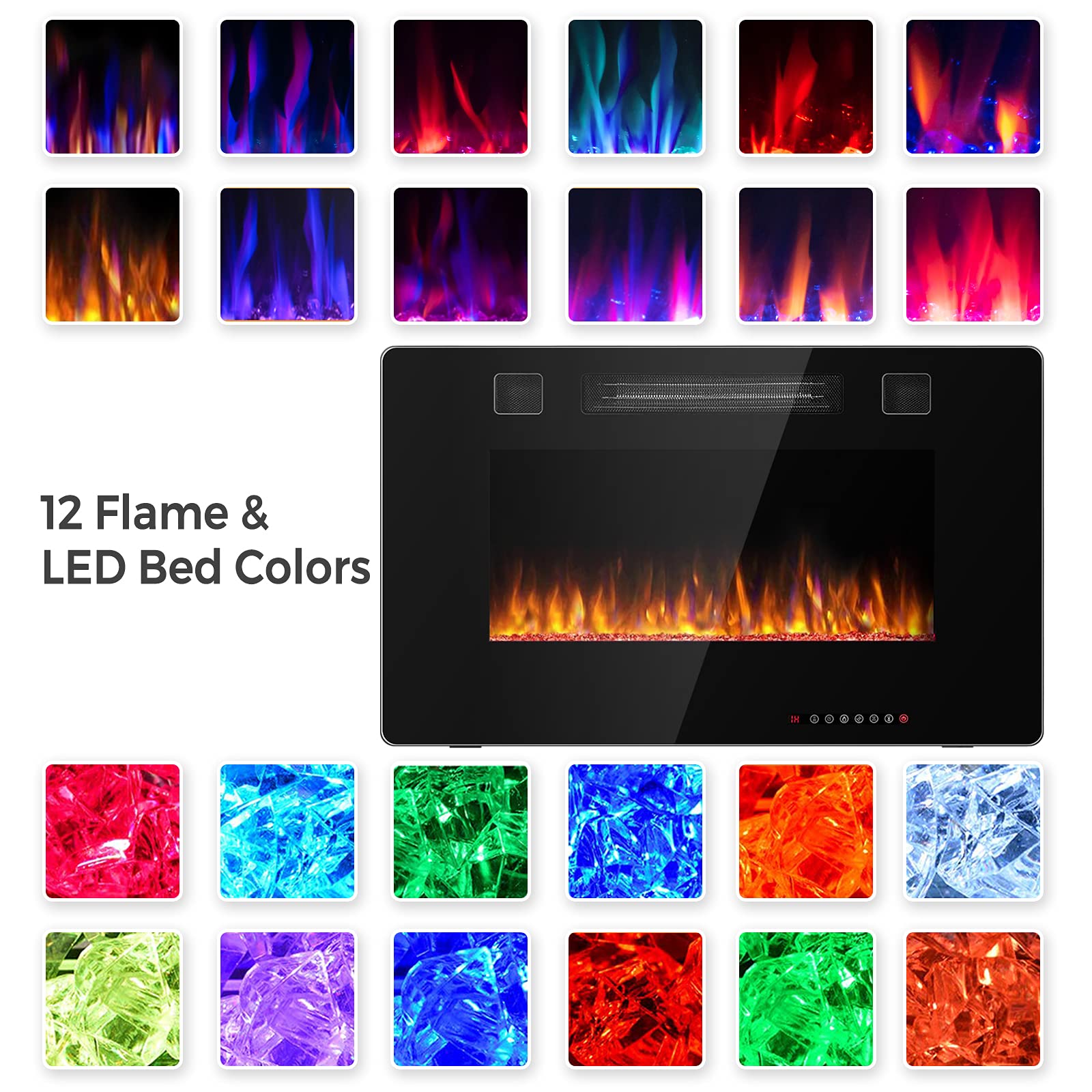 KOTEK 30 inch Recessed & Wall Mounted Electric Fireplace, 3.8” Thick Ultra-Thin Fireplace Insert for 2 x 4 & 2 x 6 Stud, 12 Flame Colors, Adjustable Flame Speed & Brightness, Remote Control w/Timer