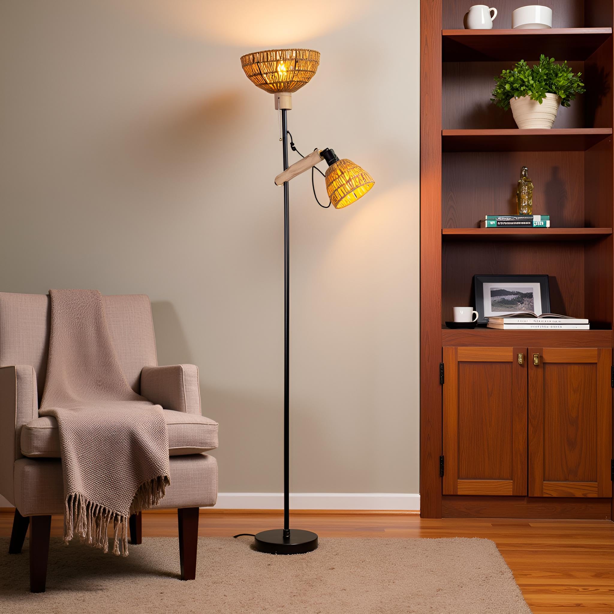 Stehlampe-2 schirm Wohnzimmer,Boho Rattan Stehlampen im Industrial Design mit Metall und Holz,Schalter,Höhe:163cm,Ohne Glühbirnen