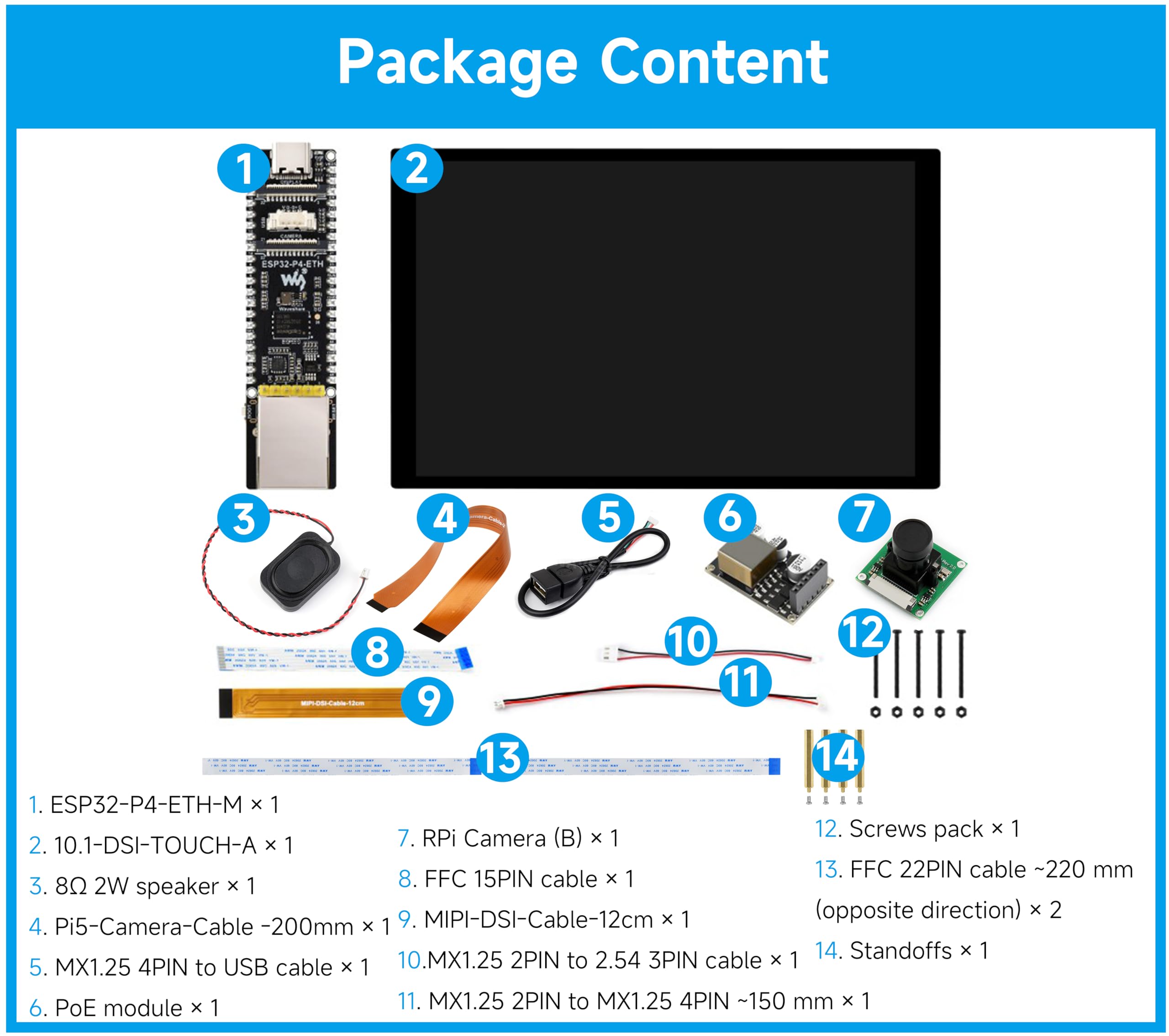 Scheda di sviluppo ESP32-P4-ETH, basata sulla porta Ethernet RJ45 ESP32-P4 +100 Mbps, supporta l'interazione vocale AI, con touchscreen DSI da 10,1 pollici, modulo PoE, fotocamera e altoparlante (14