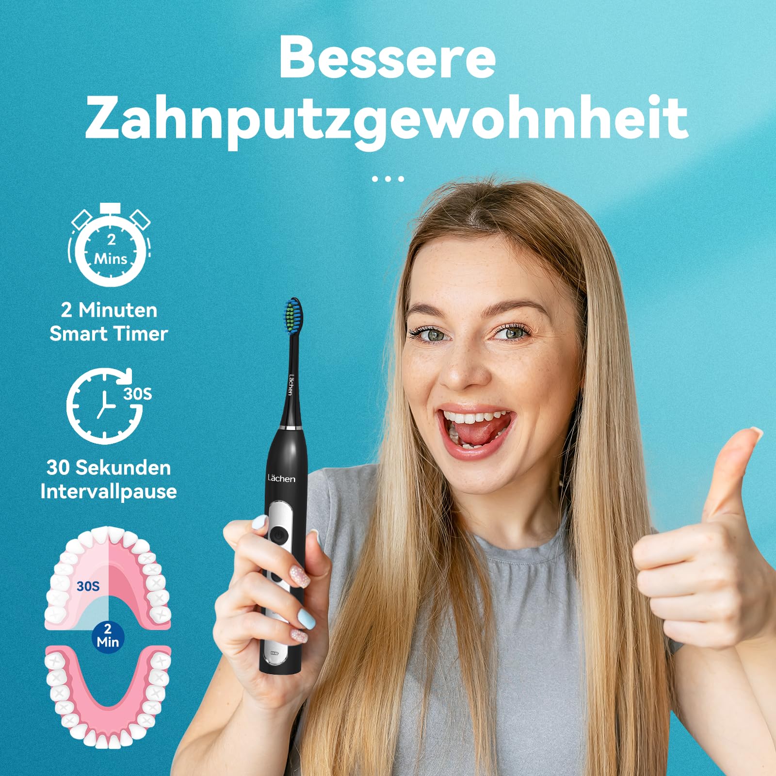 Lächen Spazzolino elettrico sonico con 4 testine e timer, 3 modalità e 3 livelli di vibrazione con borsa da viaggio (nero)