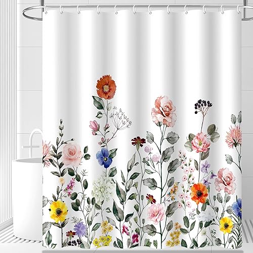 Cortinas de ducha florales para baño, 60 x 72 pulgadas, cortina de ducha de flores silvestres coloridas, cortina de baño de tela impermeable con 12