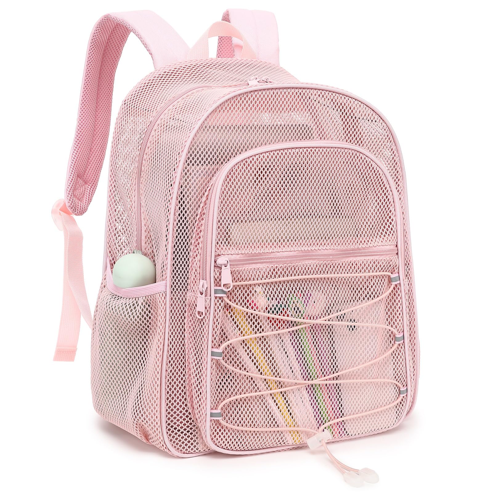 Xunteny Mesh School Backpack for Girls Boys, Heavy Duty Kids Adults Mesh School Bag Bookbag for Swimming Beach Fitness Sport (Light Pink)