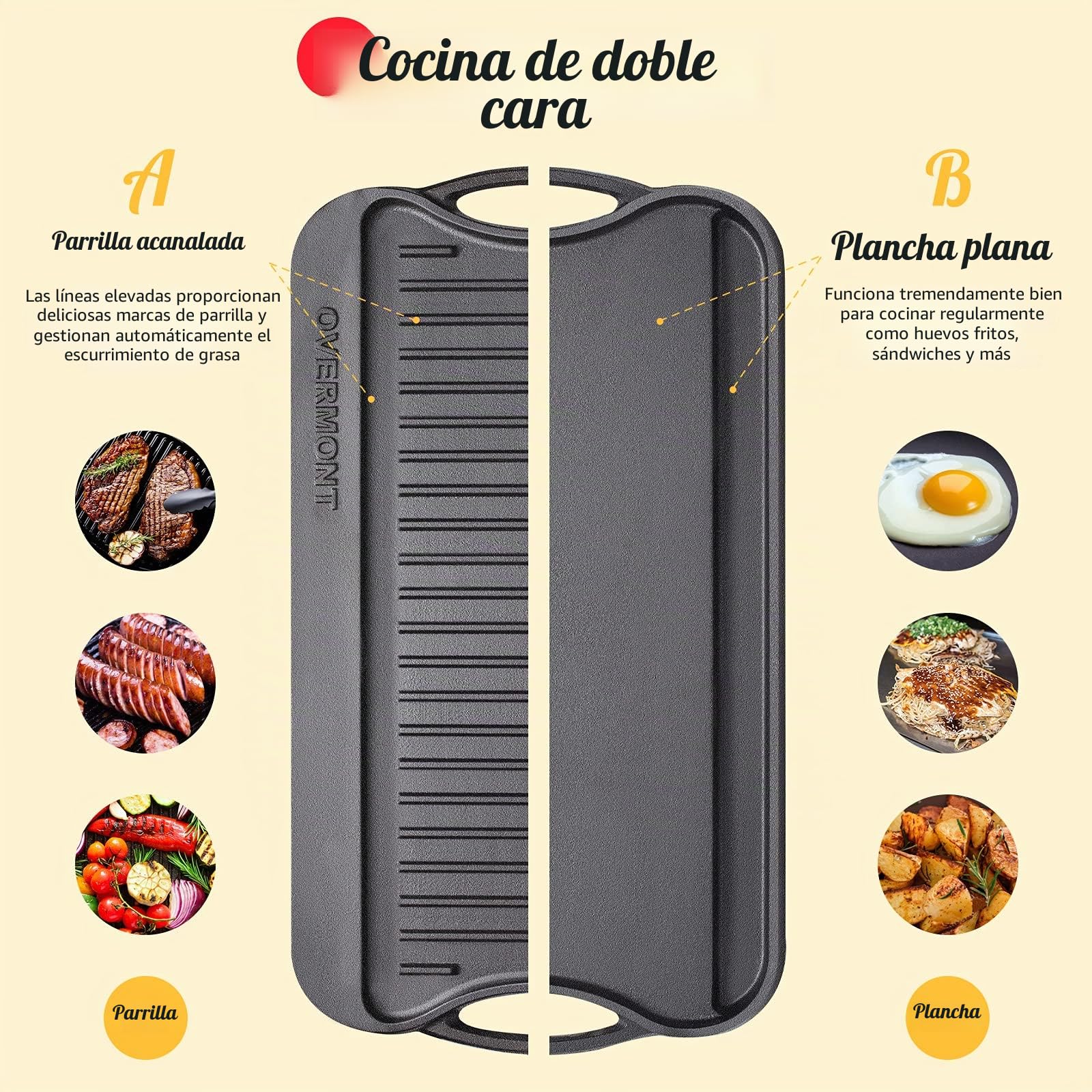 OVERMONT Parrilla Reversible de Hierro Fundido pre-sazonado con Asas para Estufa de Gas, Horno de Fuego Abierto, 43,18 x 24,89 cm, una Bandeja, raspadores incluidos