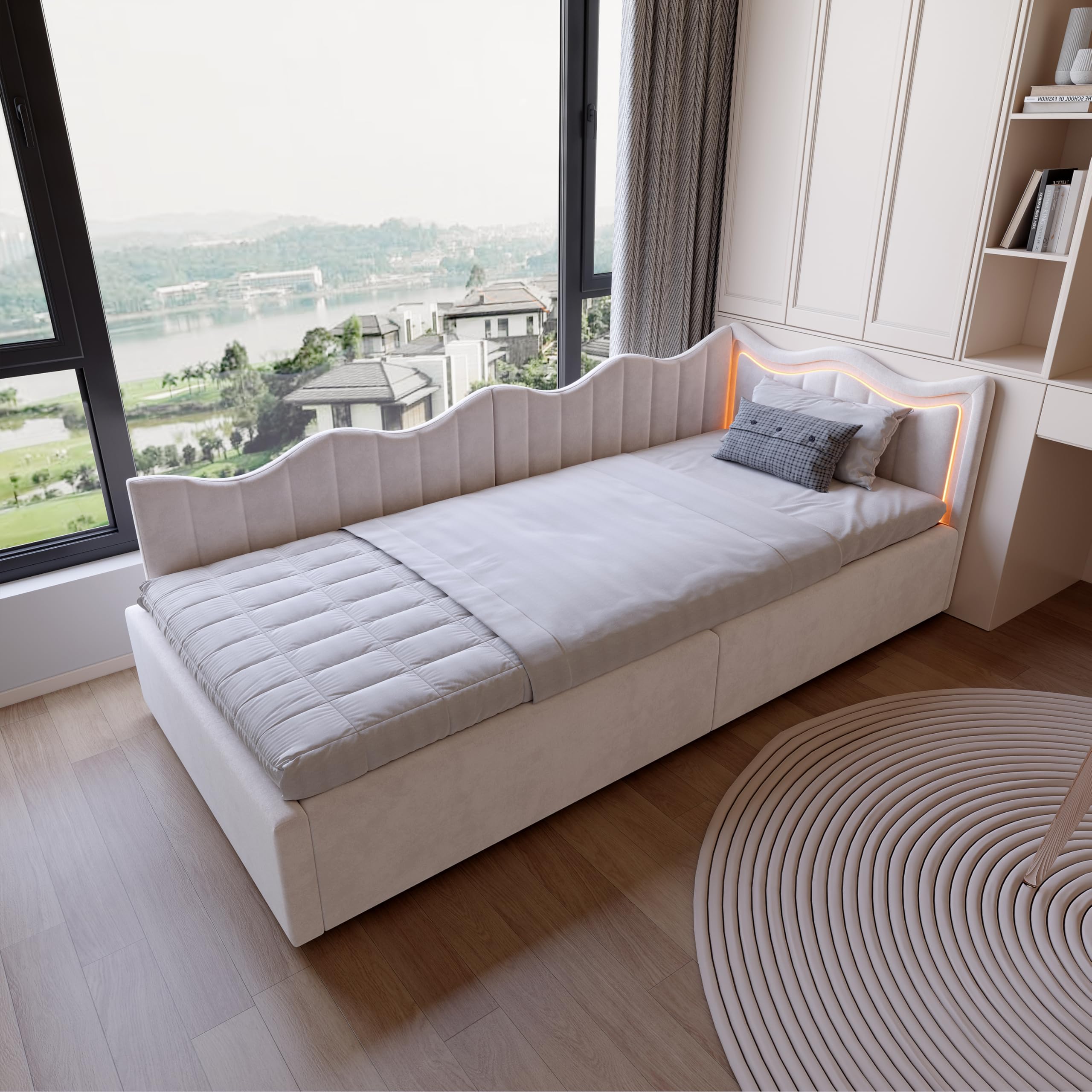 Cama tapizada, sofá cama 90 x 200 cm, con iluminación LED, cama individual con LED integrado, 90 x 200 cm, cama juvenil con espacio de almacenamiento hidráulico y cabecero, tela de terciopelo, cama de
