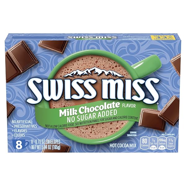 Swiss Miss Milk Chocolate Flavored No Sugar Added Hot Cocoa Mix, Hot Cocoa Bar Supplies, Powder, 0.73 oz., 8-Count Envel