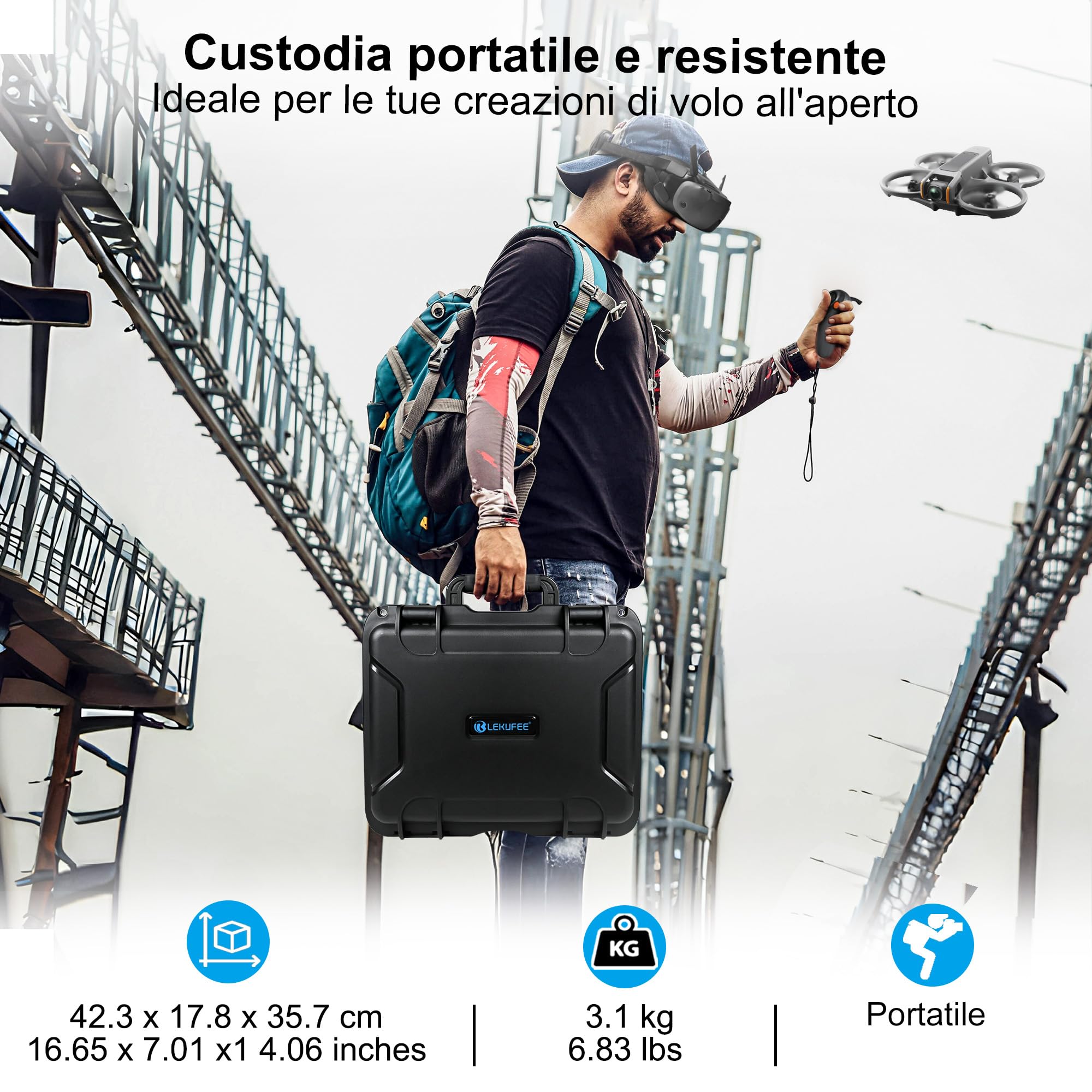 LEKUFEE Custodia Impermeabile Rigida per Drone DJI Avata 2,DJI Avata 2 Fly More Combo,Goggles N3/3/Integra, RC Motion 3/2,FPV Remote Controller 3/2 e Altri Accessori (Solo Valigia)