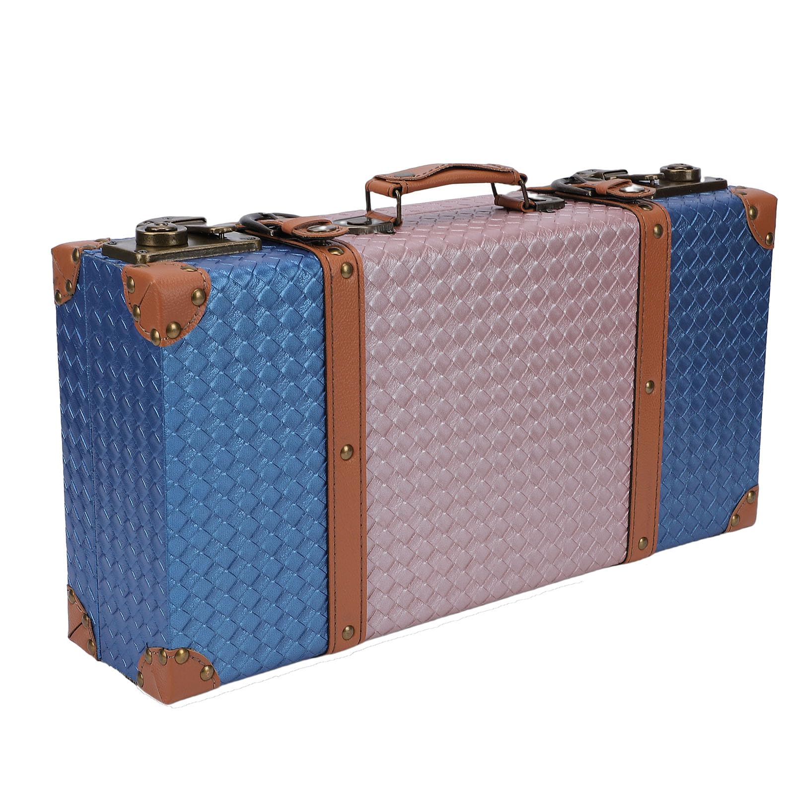 Baúl Decorativo, Cofre De Maleta De Madera Compuesta De Cuero De PU con Patrón Tejido Rosado Azul, Accesorio De Fotografía De Exhibición para Almacenamiento En El Hogar, (S)