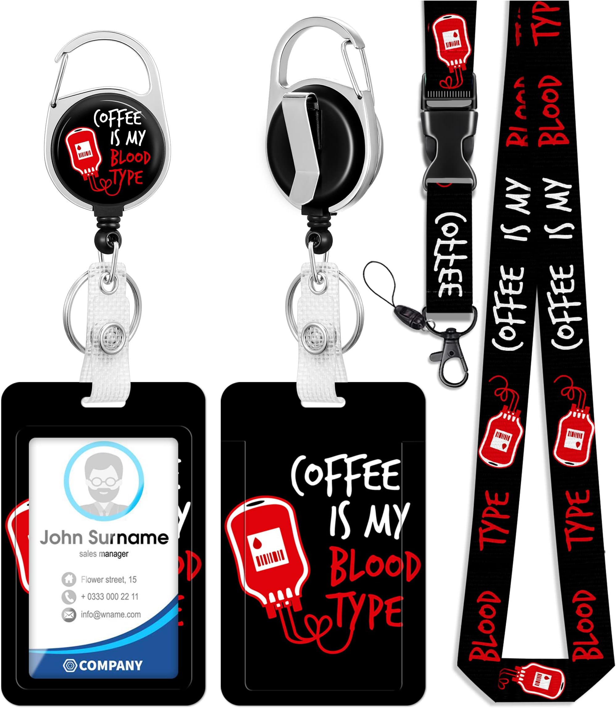 Plifal ID Badge Holder with Lanyard and Retractable Nurse Badge Reel Belt Clip, Phlebotomy Phlebotomist Nursing Medical Keychain Lanyards Clip for Women Men(Coffee is My Blood Type)