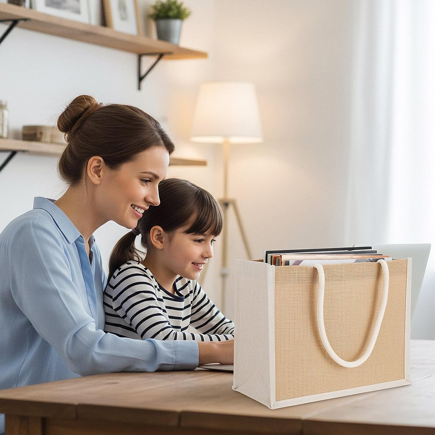 MAQUITA 6 Pack Burlap Tote Bags, Reusable Jute Gift Bags with Handles, Water Resistant Beach Bag, 12.6'' x 5.1'' x 8.7'' Canvas Grocery Shopping Bag for Bridesmaid, DIY, Shopping, Wedding - Image 3