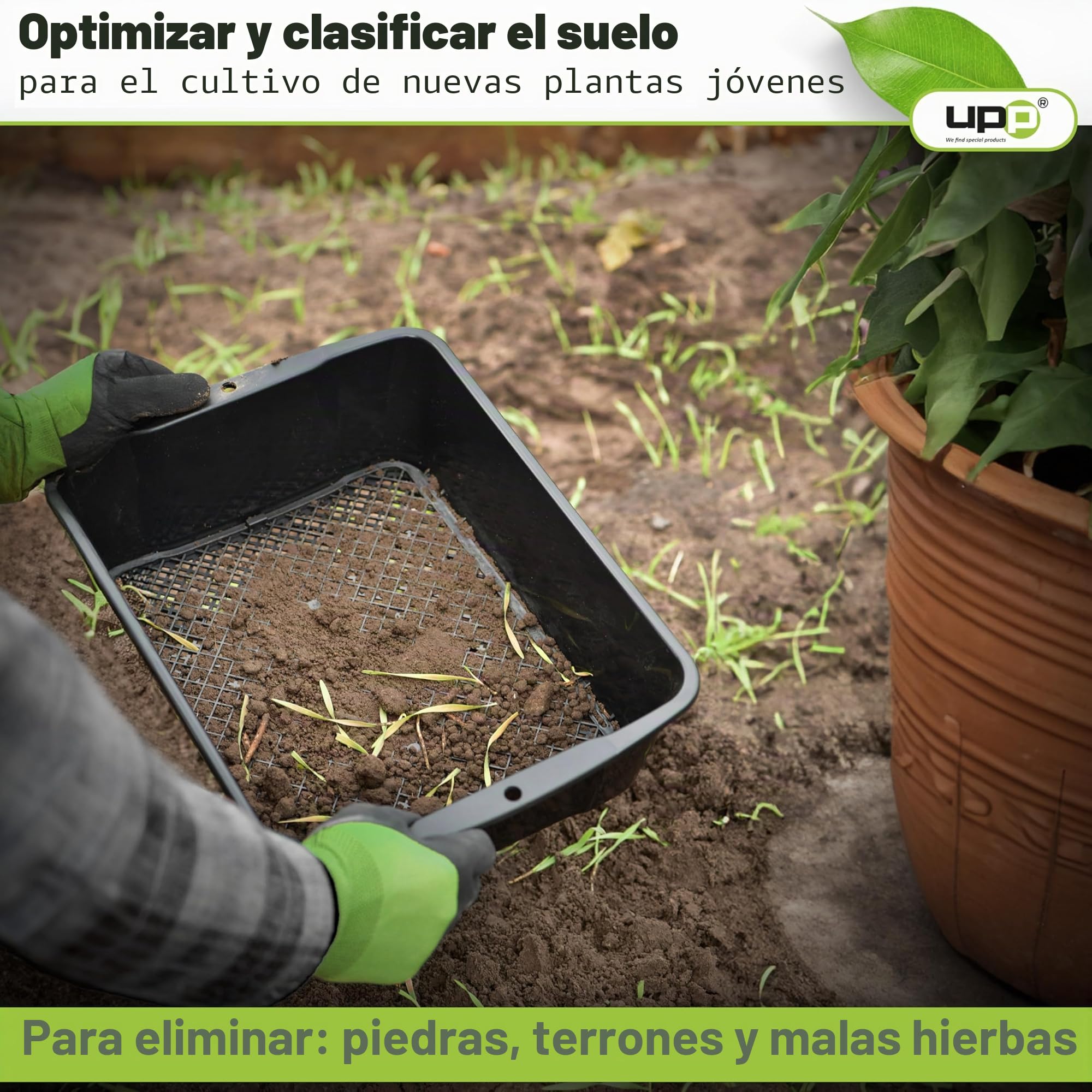 UPP tamiz de Tierra para jardín I cedazo, Doble Malla tamizadora deslizable, Separa Piedras, malezas, terrones, etc. I tamiz 2 en 1 para Huerta, Patio, jardín (39,5 x 29 x 11 cm)