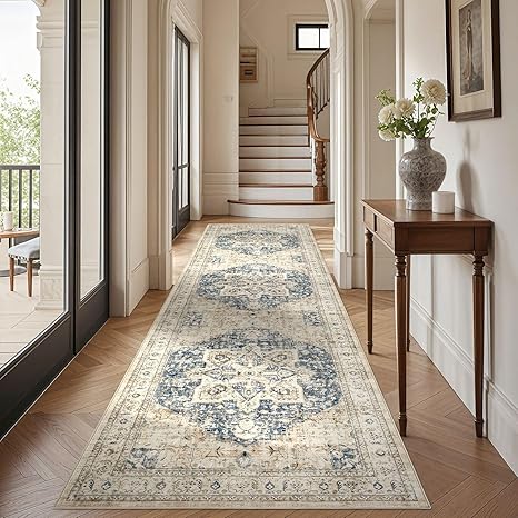 Tortania Area Rug 3x12 Runner Rugs - Washable Vintage Oriental Farmhouse Thin Indoor Carpet for Living Room Bedroom Hallway Entryway Kitchen Under Dining Table Home Office - Cream/Blue