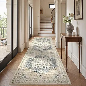 Tortania Area Rug 3x12 Runner Rugs - Washable Vintage Oriental Farmhouse Thin Indoor Carpet for Living Room Bedroom Hallway Entryway Kitchen Under Dining Table Home Office - Cream/Blue