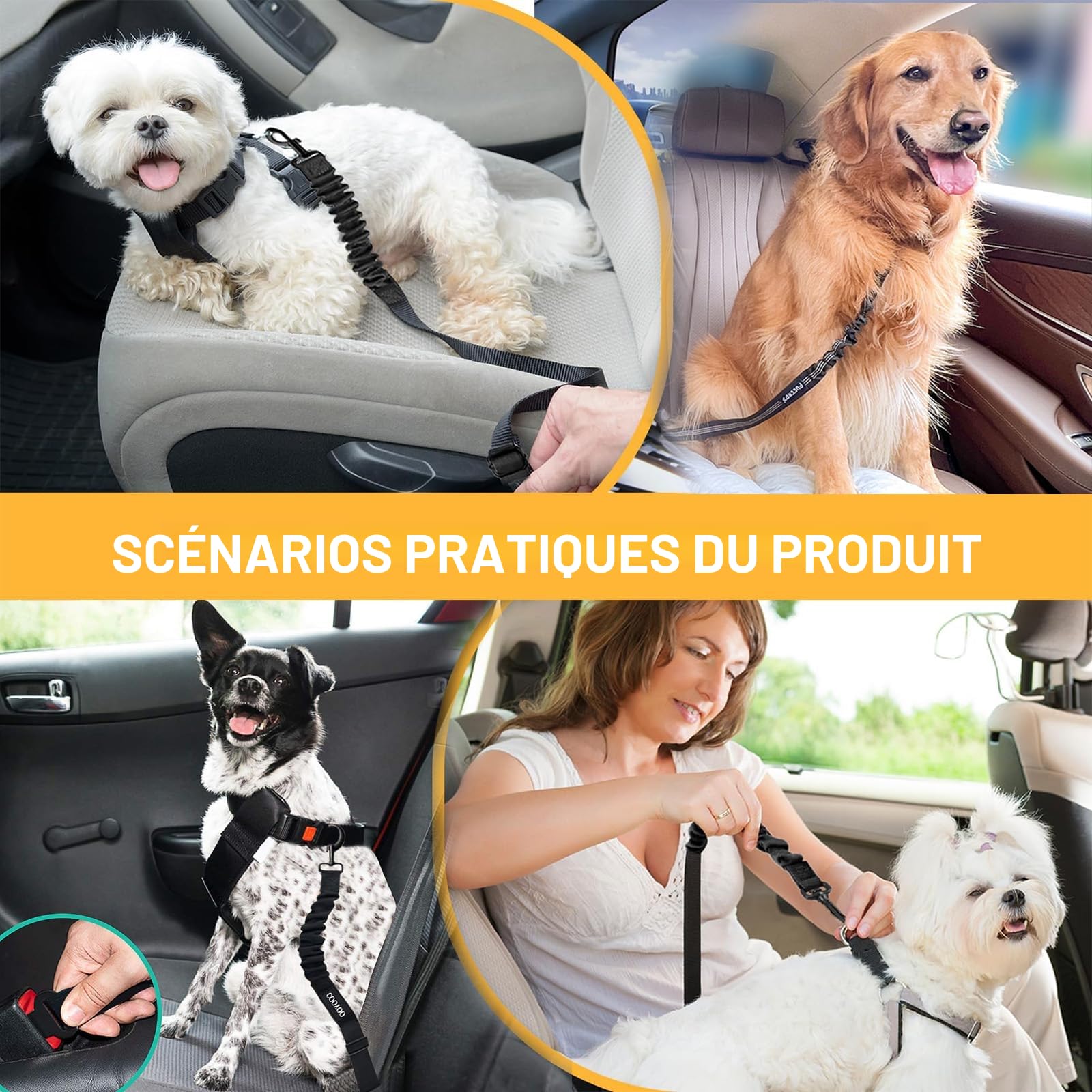 Ceinture de sécurité pour chien pour voiture, harnais réglable à double usage, ceinture de sécurité pour animal de compagnie, pour tout type de voiture, accessoire de voyage pour chien