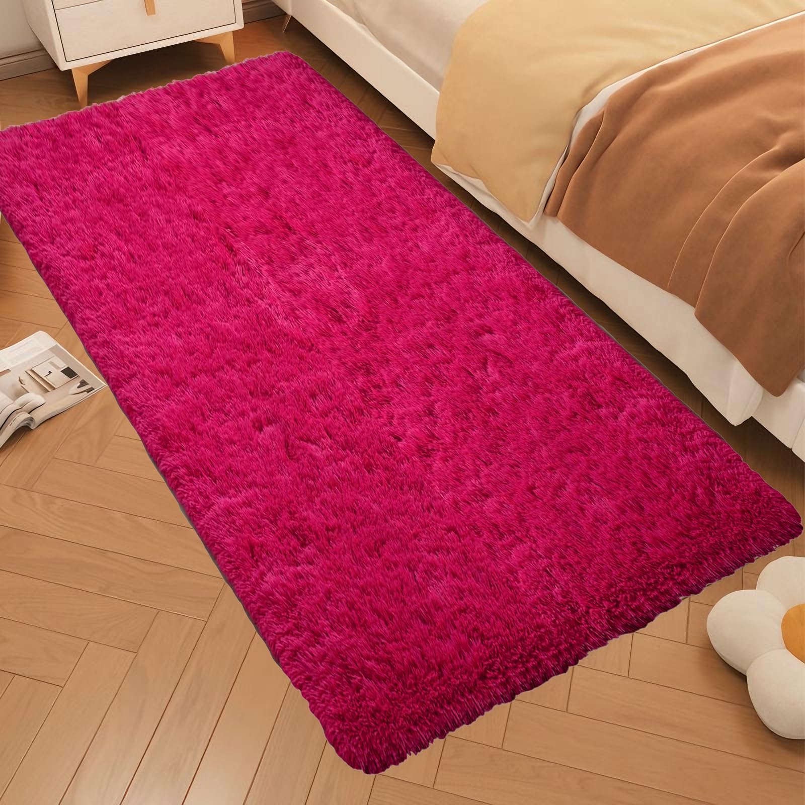 Tapis shaggy doux rose rouge moelleux et grand tapis de salon chic