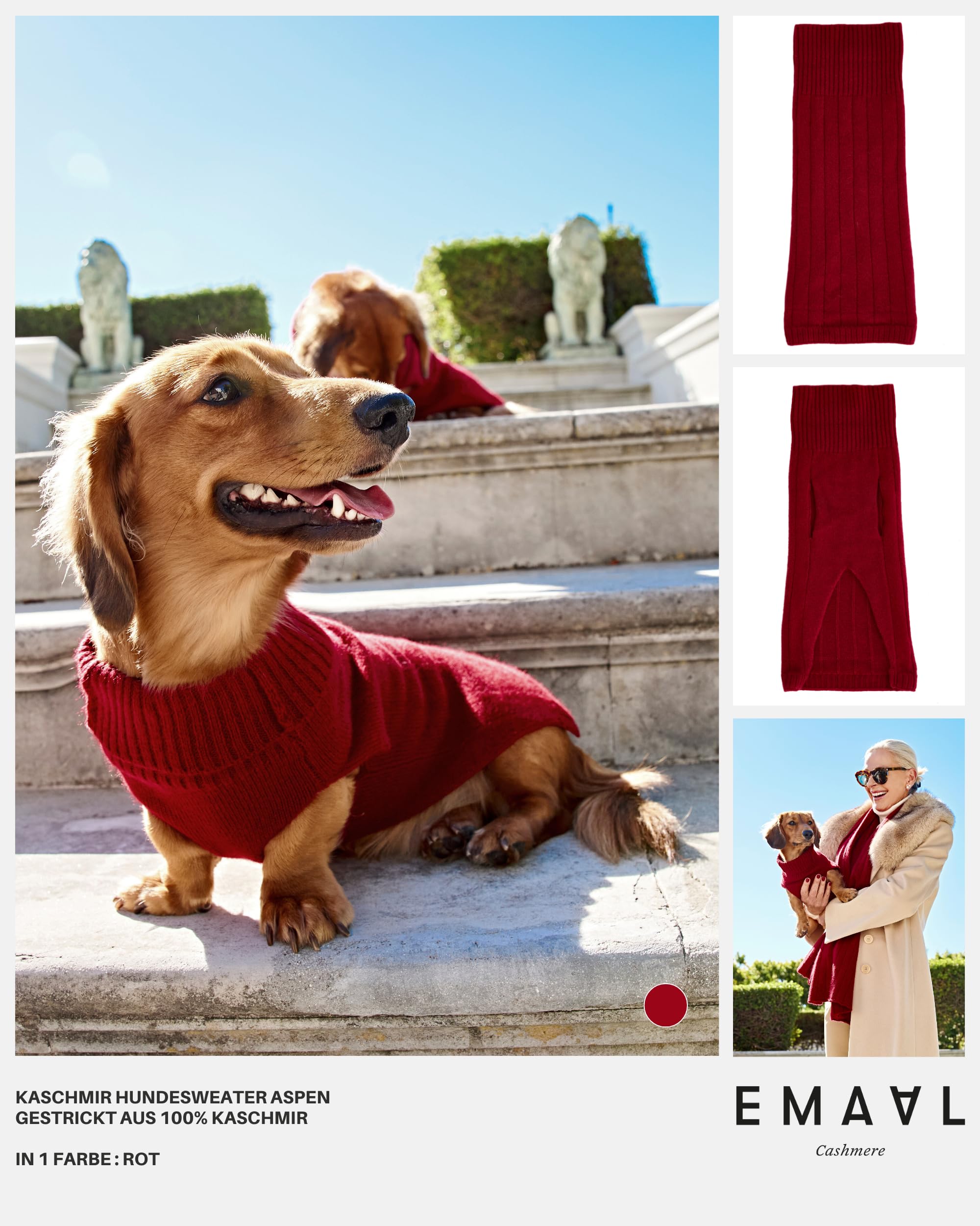 EMAAL 100% Kaschmir Hundesweater Aspen, Rot, Gestrickt, Rippenmuster, für kleine Hunde bis 35 cm Rückenlänge, weich & warm, bequem, jedes Fell, für kühle Spaziergänge oder gemütliche Abende zu Hause