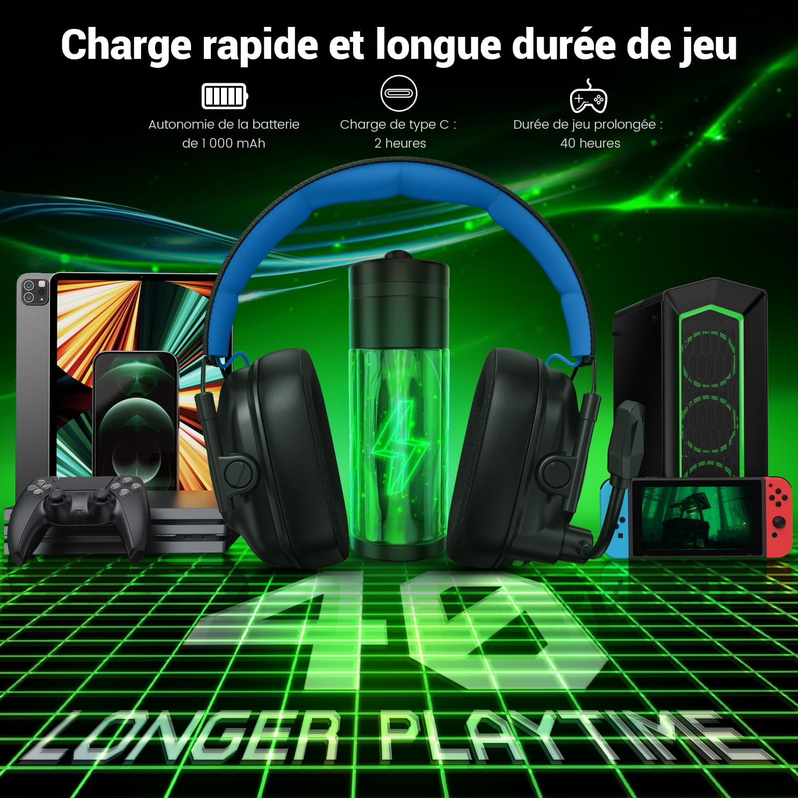 Krysenix KGH2 Casque Gaming sans Fil, 2,4 GHz Casque Gaming pour PS4, PS5, PC, Mac, Switch, Casque Bluetooth avec Microphone, Réduction du Bruit, éclairage LED, Noir Bleu