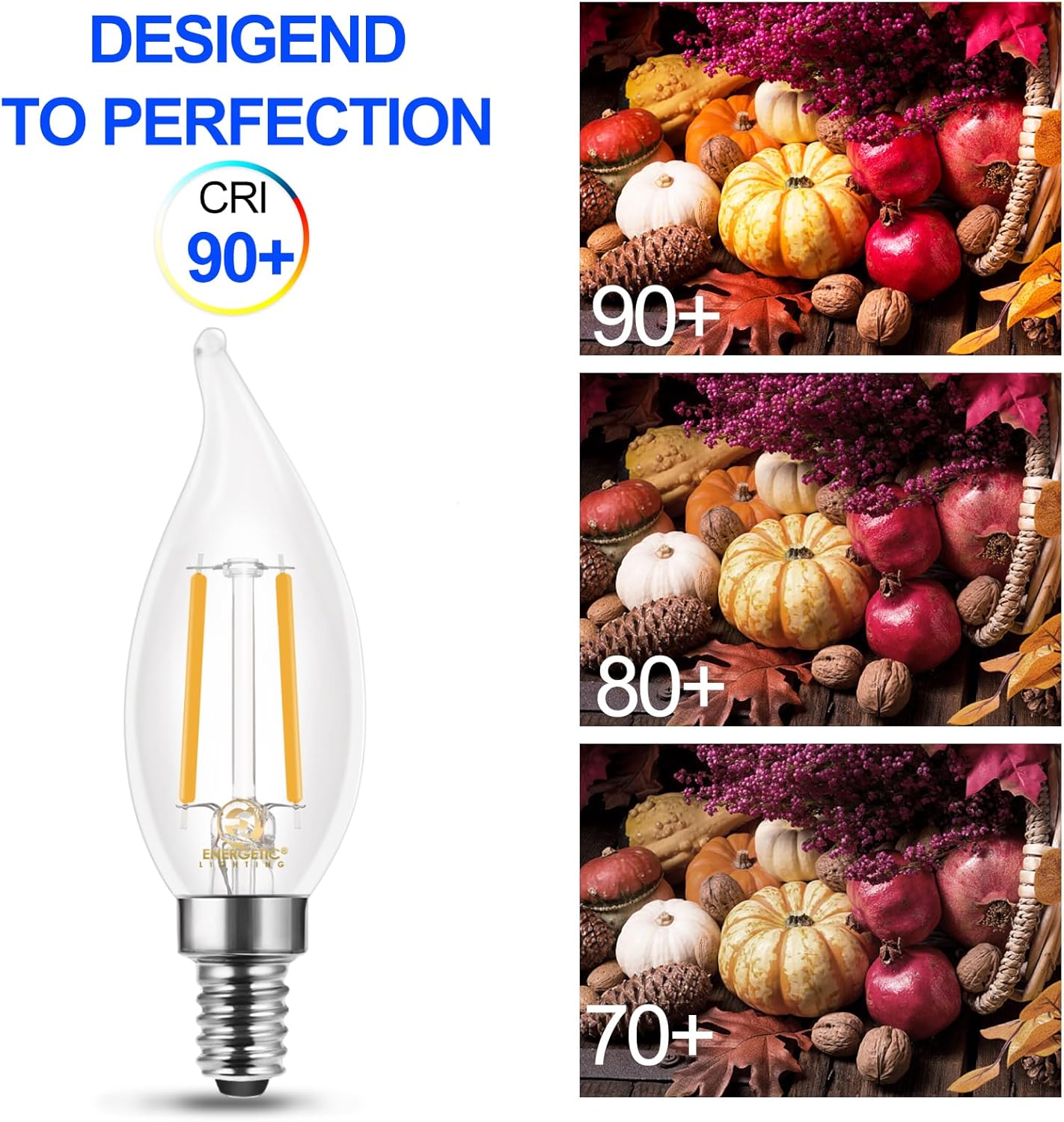 Energetic 90+ CRI LED Candelabra Light Bulb 60W Equivalent E12 LED Bulb Dimmable 2700K Soft White, Chandelier Light Bulbs, 5W 450LM Flame Tip CA10 Candle Light Bulbs, ETL Listed - 12 Pack