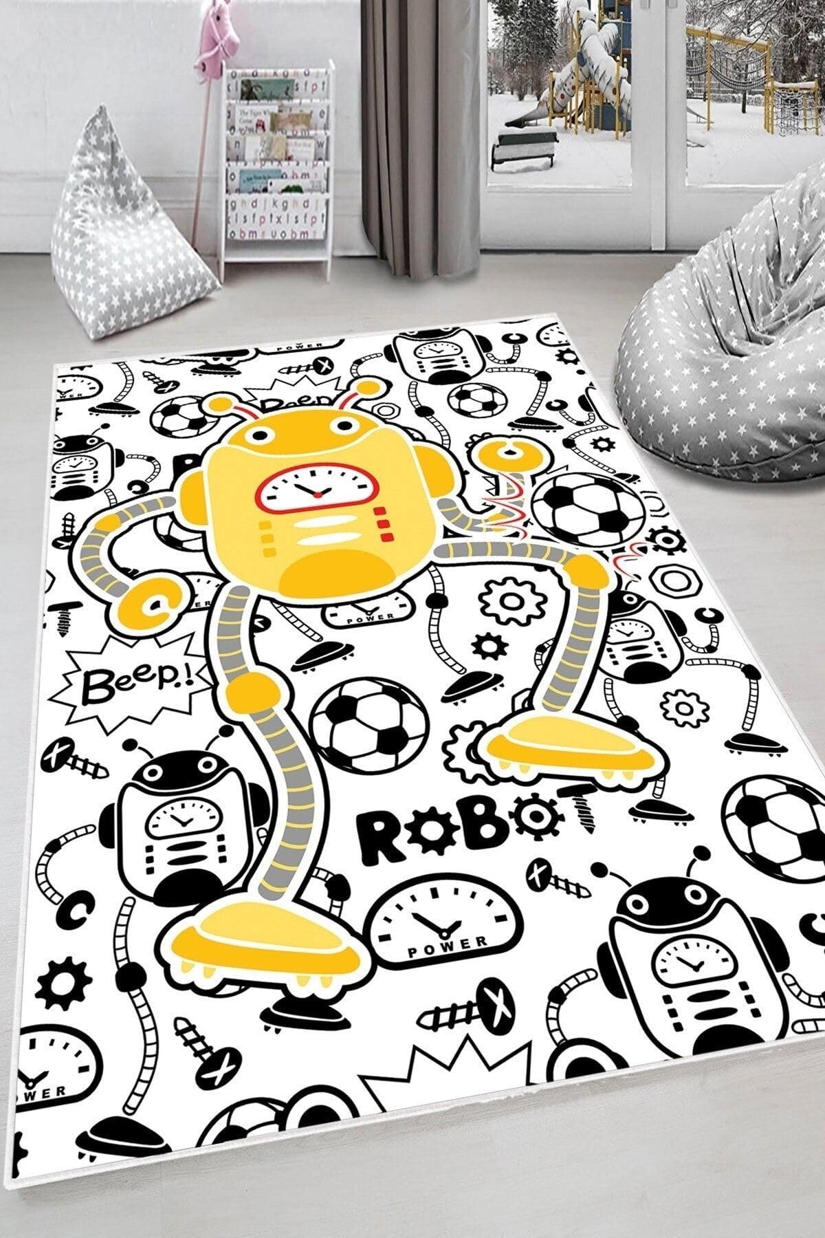 Pelangi Beyaz Robot Desenli Çocuk Yıkanabilir Kaymaz Taban Leke Tutmaz Bebek Ve Çocuk Odası Halısı, Siyah-Beyaz 60 x 120