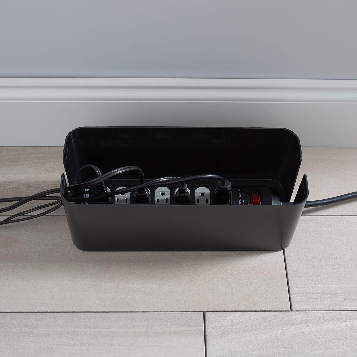 Black Rectangular Lidded Cable Organizer Storage Bin Set