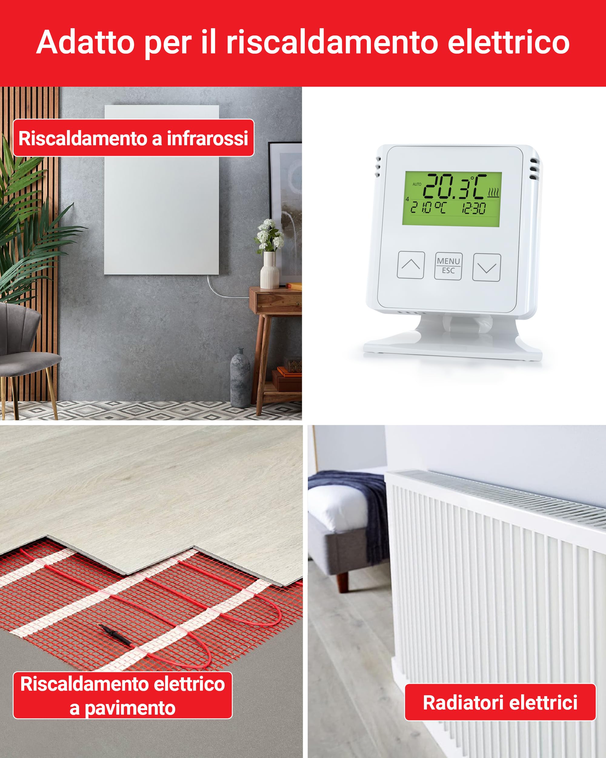 ELEKTROBOCK BT731 Termostato ambiente senza fili con ricevitore - Supporto - Portata fino a 35 m - Per riscaldamento elettrico e a infrarossi - Programmi settimanali e protezione antigelo, Bianco