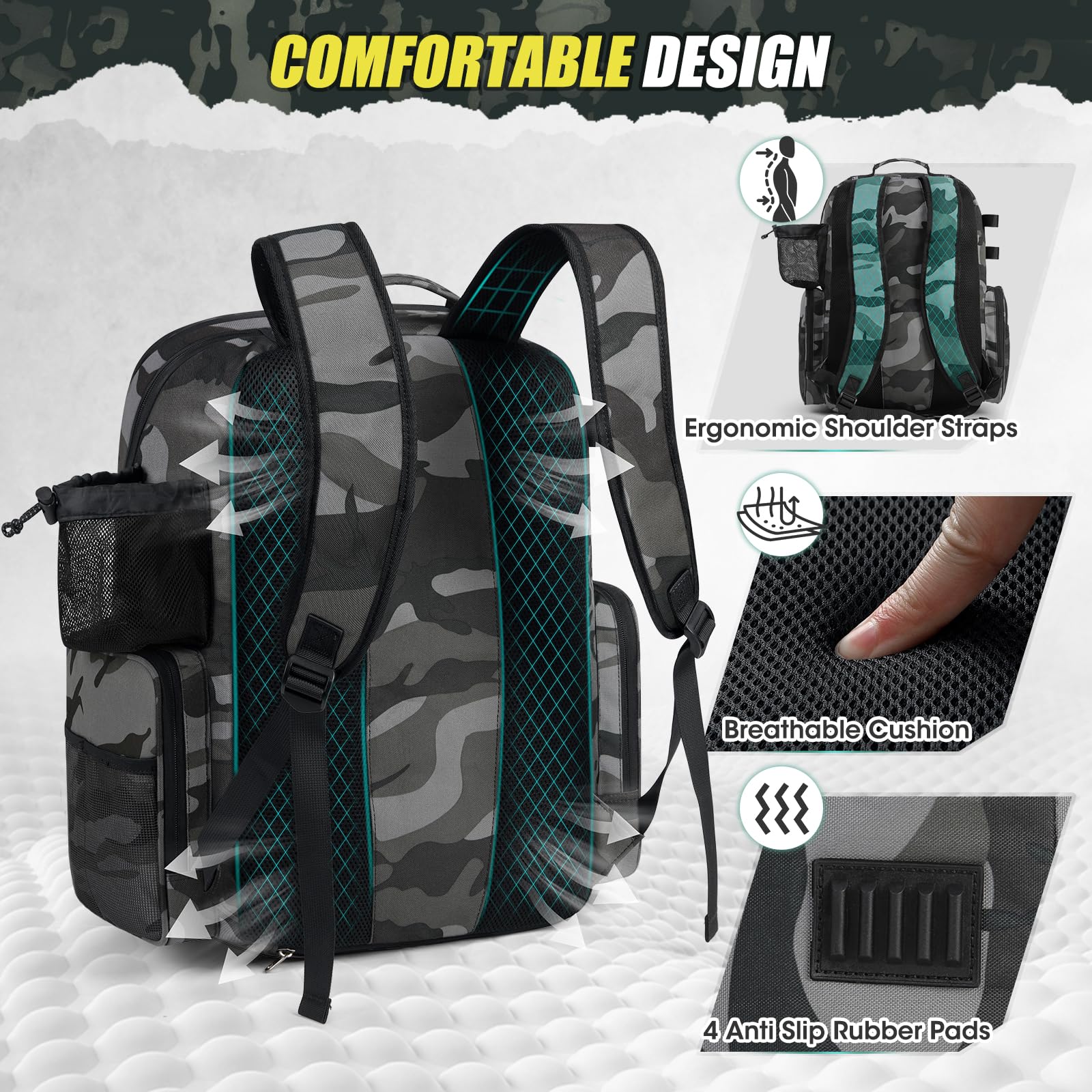 RAINSMORE Mochila de Pesca 45L con Soporte para Cañas y Funda de Lluvia, Impermeable Bolsa de Aparejos Gran Capacidad para Pescadores, Camuflaje