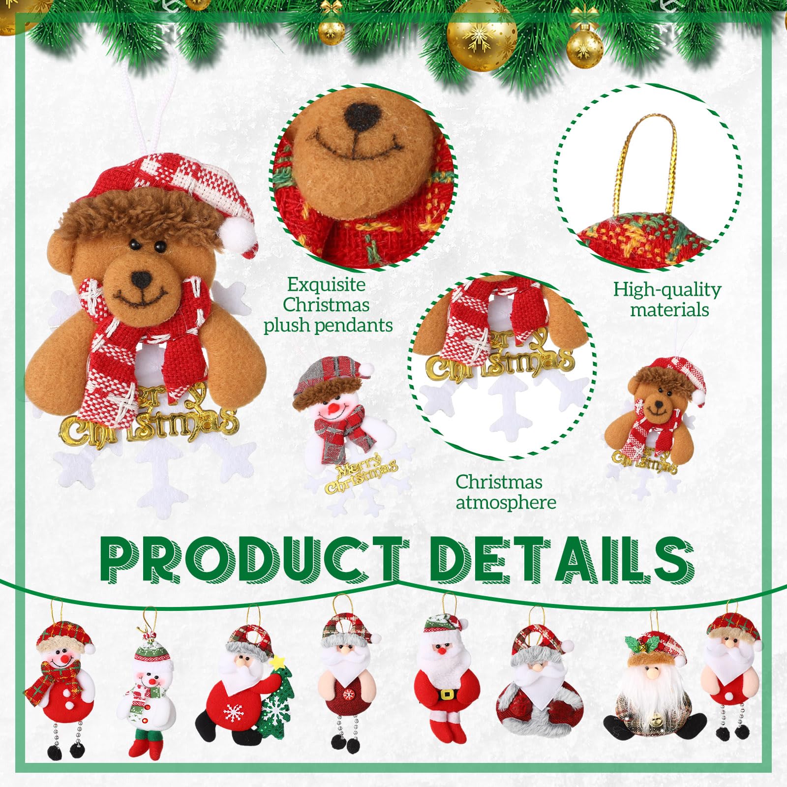 Suzile 100 adornos de felpa para árbol de Navidad, oso de Papá Noel, muñeco de nieve, decoraciones de Navidad, colgante tradicional de árbol colgante de Navidad, adornos de muñeca rústica para