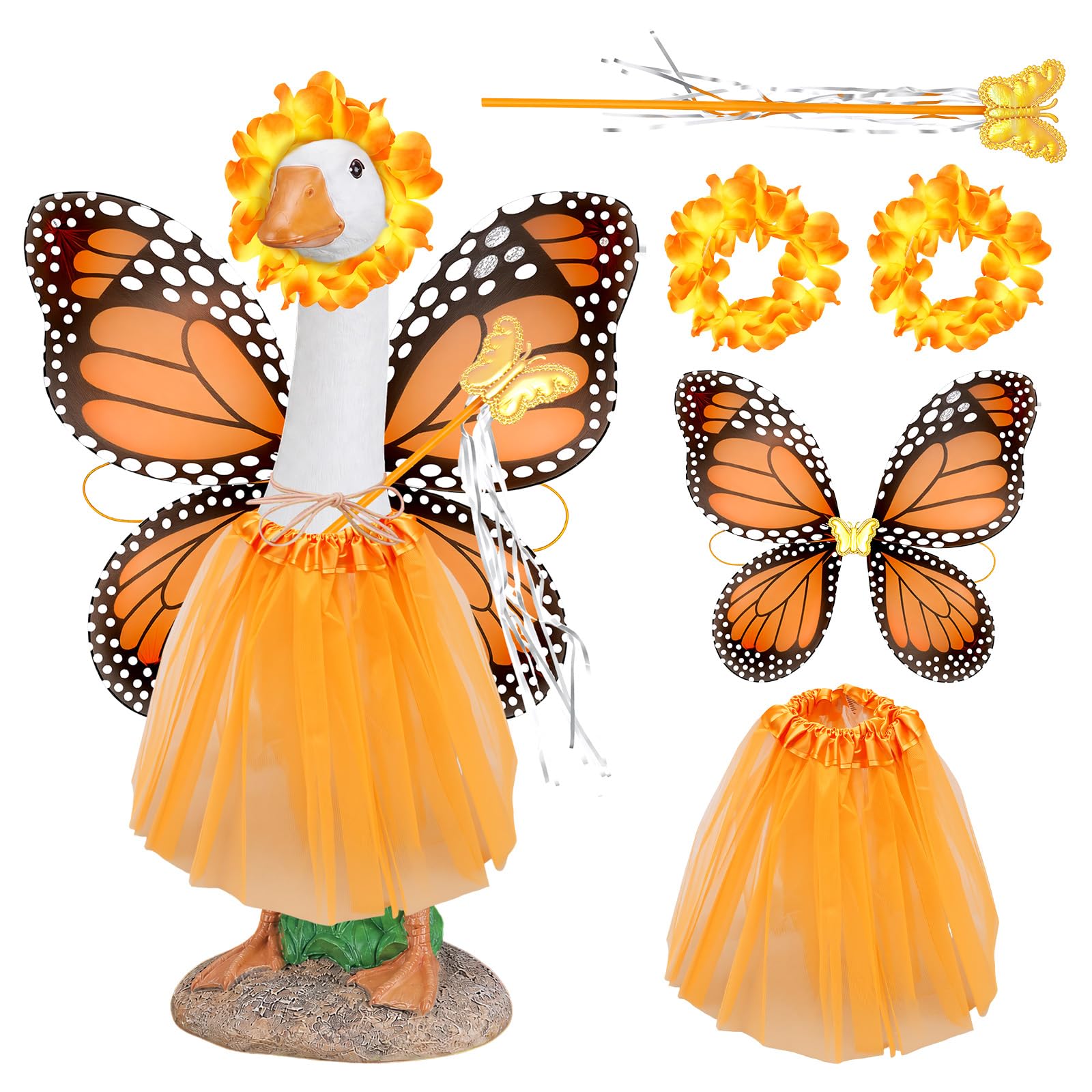 shaojian Fairy Porch Goose Outfit, 5 Pcs Pink Butterfly Goose Clothes with Tutu & Wings, Garden Lawn Geese Costume Accessories for Spring & Summer Decor(orange)