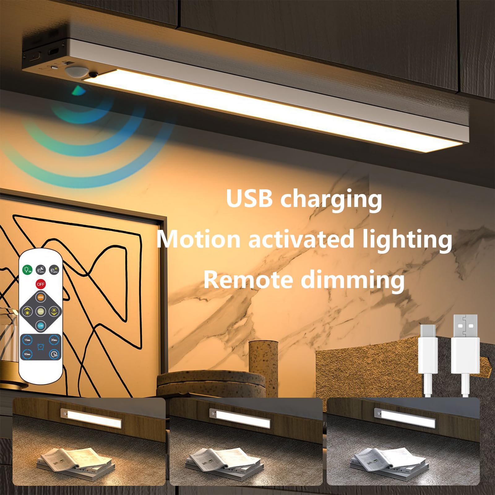 LED Akku Wandlampe mit Bewegungsmelder Wandleuchte Fernsteuerung Dimmbar Wandbeleuchtung Aufladbar USB Wandleuchten mit Schalter für Treppenbeleuchtung Vitrine Küche (C-Silber,60cm)