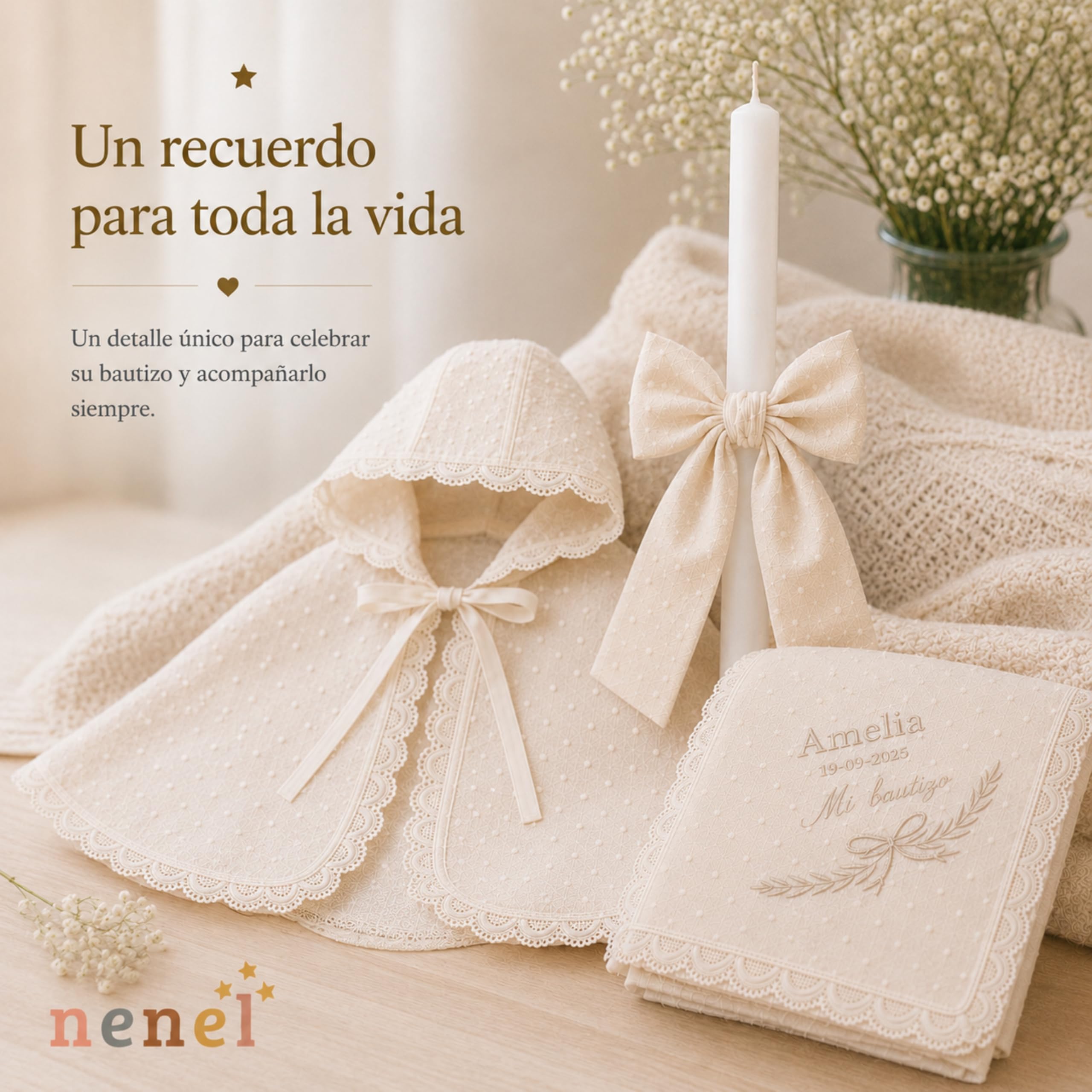 Nenel | Kit de Bautizo Personalizado con Capa Bautismal, Vela y Paño Bordado Plumeti | 6, 12 y 18 Meses | Regalo Original Bautismo con Nombre y Fecha Bordados