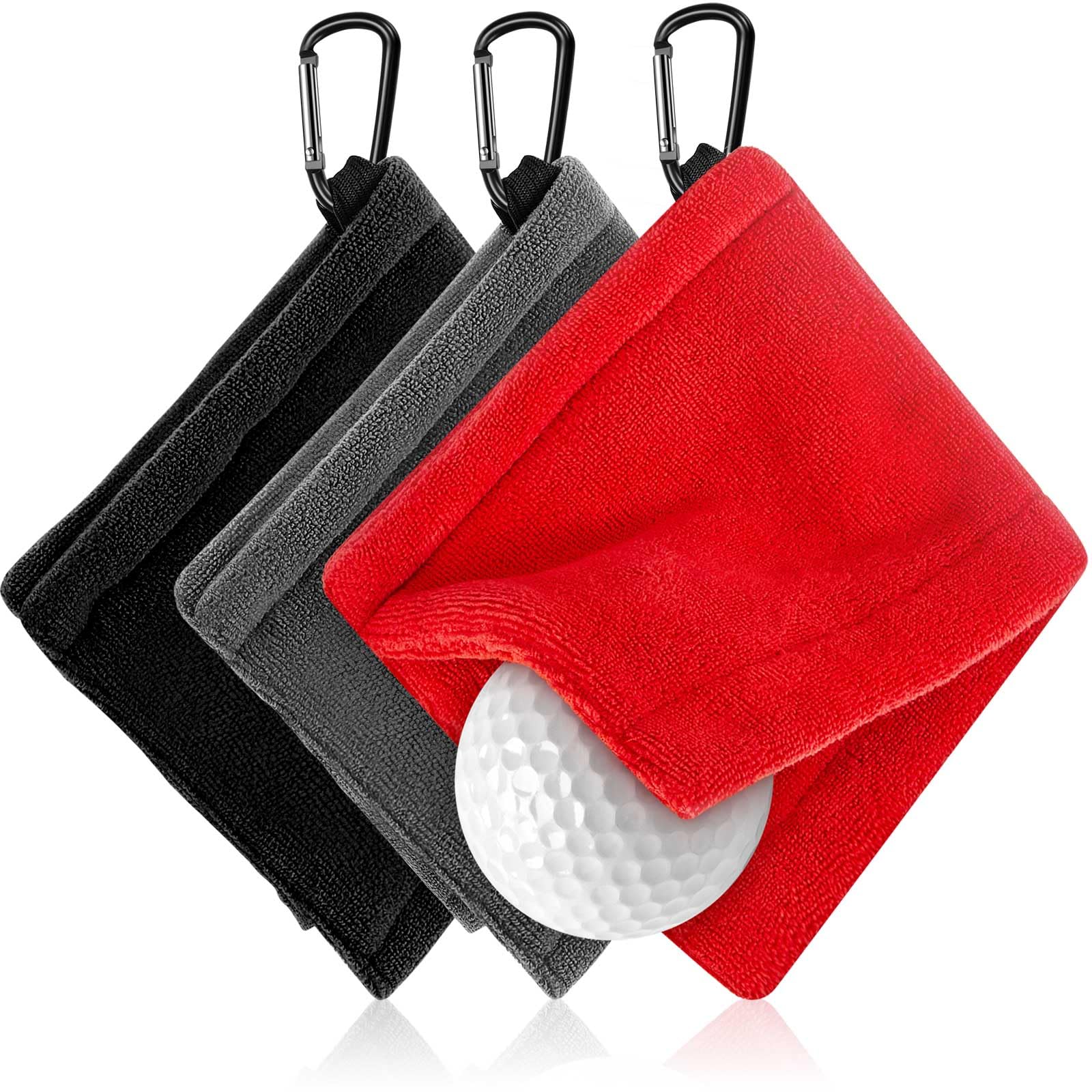 Flutesan 3 Pieces Golf Ball Towel 5.5 x 5.5 Inch, Wet and Dry Small Pocket Towel with D Clip Portable Golf Ball Cleaner Accessories for Men Women Course Exercise(Black, Grey, Red)