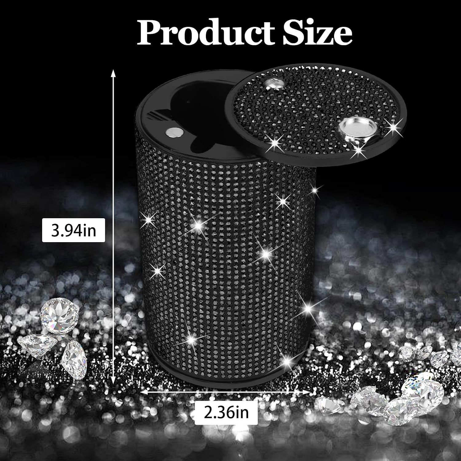 Bling Car Ashtray, Portable Auto Ashtray with Lid, Smokeless Ashtrays for Auto Cup Holder, Rhinestone Vehicle Cigarette Ashtrays Trash Can for Home Office, Interior Car Accessories (Black) image 2