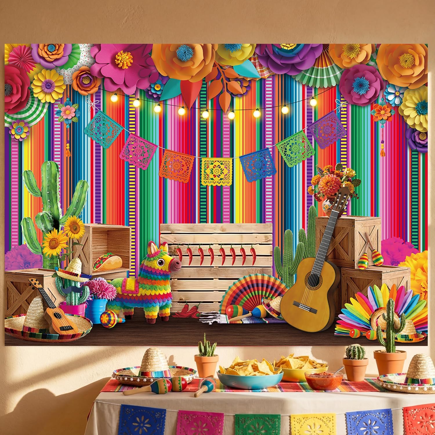 Mexican Fiesta Photography Backdrop 7x5FT 3D Paper Flower Colorful Striped Cinco De Mayo Banner Background Mexican Theme Party Decorations Supplies for Home Party