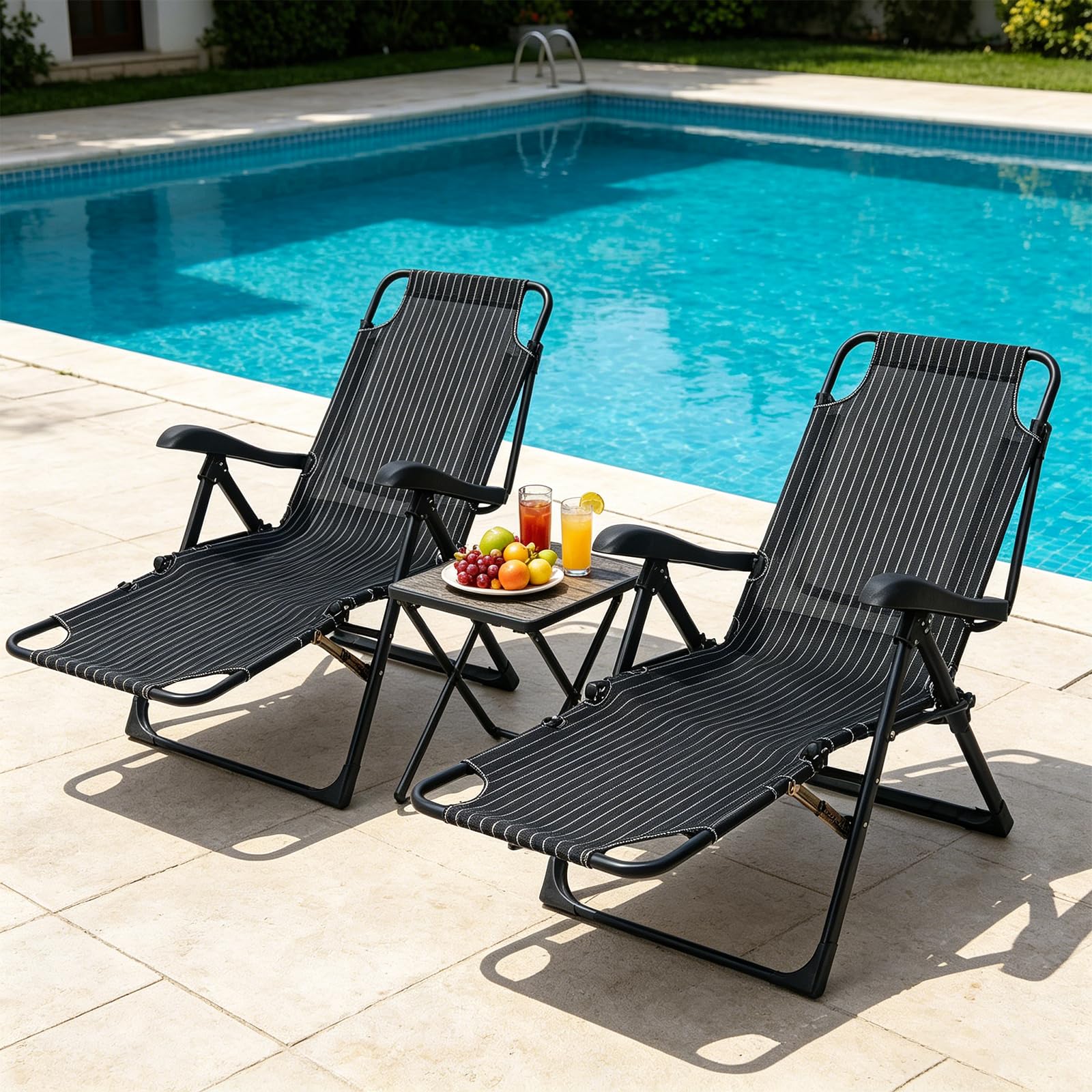 Chaise Longue Jardin Exterieur, Dossier RéGlable 7 Positions, Chaise Longue Pliante avec Coussin et Appuie-TêTe, Capacité 150kg, Transat Pliable pour Jardin, Balcon (Noir) (Noir foncé)