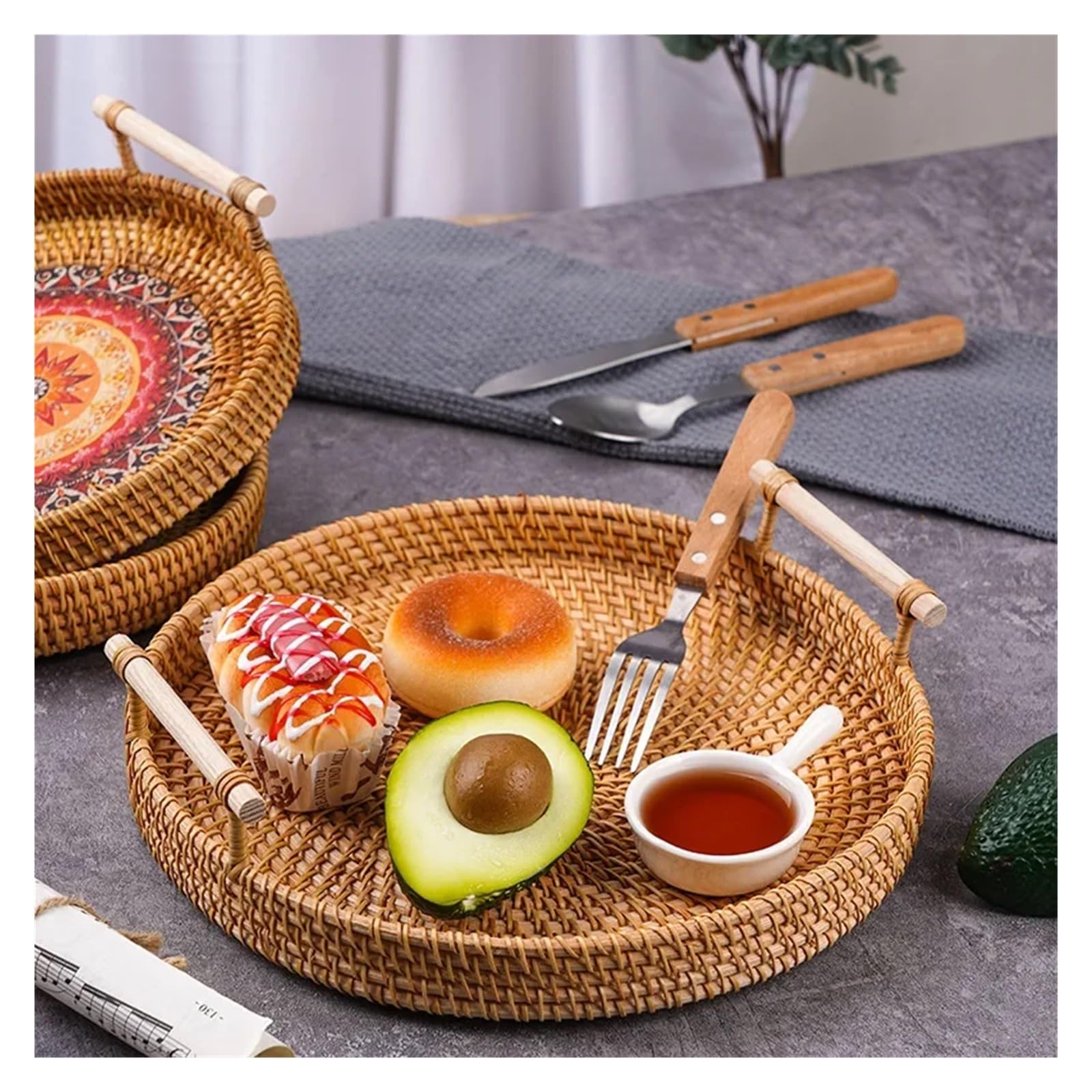 Cesta de almacenamiento mimbre tejida con asa correa, bandeja redonda for pan, aperitivos, frutas, Picnic, Organización del hogar para Dormitorio(L)