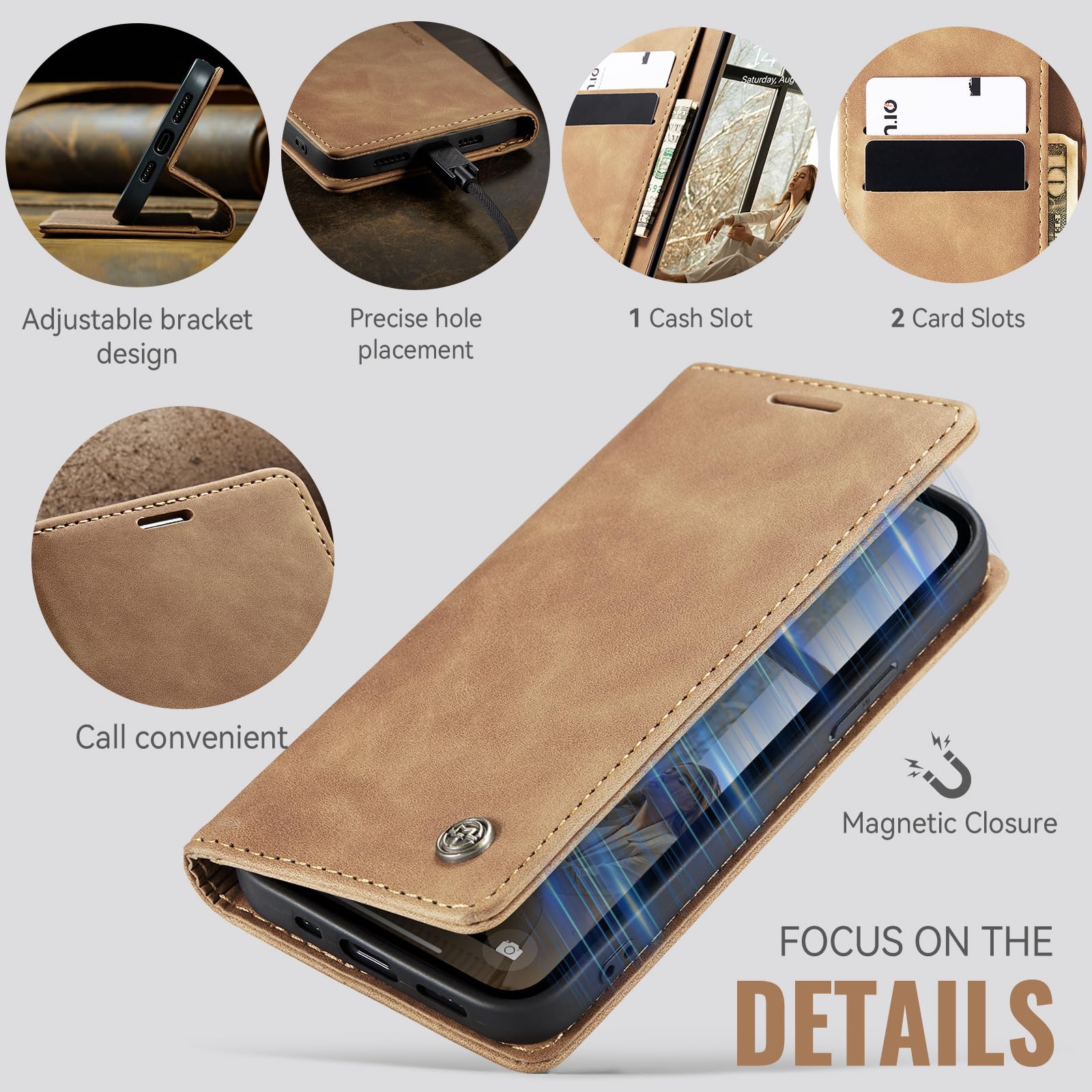 Azororo Cover per iPhone 15 5G, Premium PU Pelle Custodia, Magnetica Carta Fessura Portafoglio Case, Flip Cavalletto Custodia per iPhone 15 - Marrone