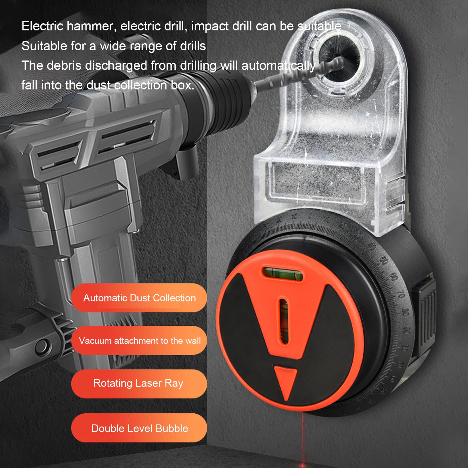 Aspiratore per Trapano, 2 in 1 Accessorio per Raccolta Polvere per Trapano con Livella, Aspiratore per Trapano Elettrico Girevole a 360° per Costruzione, Appendere, Pittura