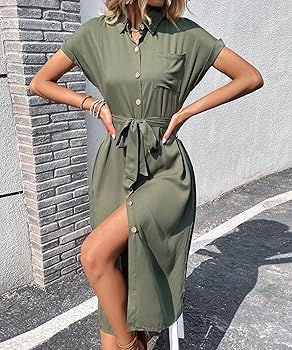 L'Or Waist tuck shirt dress カーキブラウン Moxiu Maxi Shirt Dress for Women Linen,Womens Long Sleeve