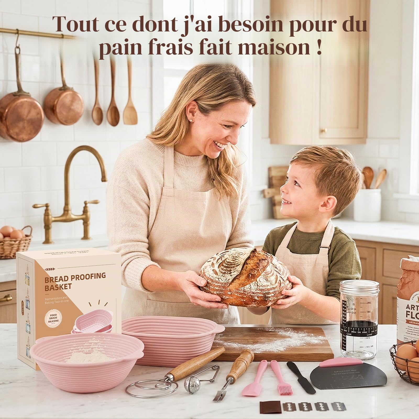 2 Banneton pour pain pliables en silicone, Kit de démarrage pour levain 12 pièces (29 cm ovale & 28 cm rond), bocal 730 ml, ensemble complet de cuisson, Débutants & boulangers expérimentés