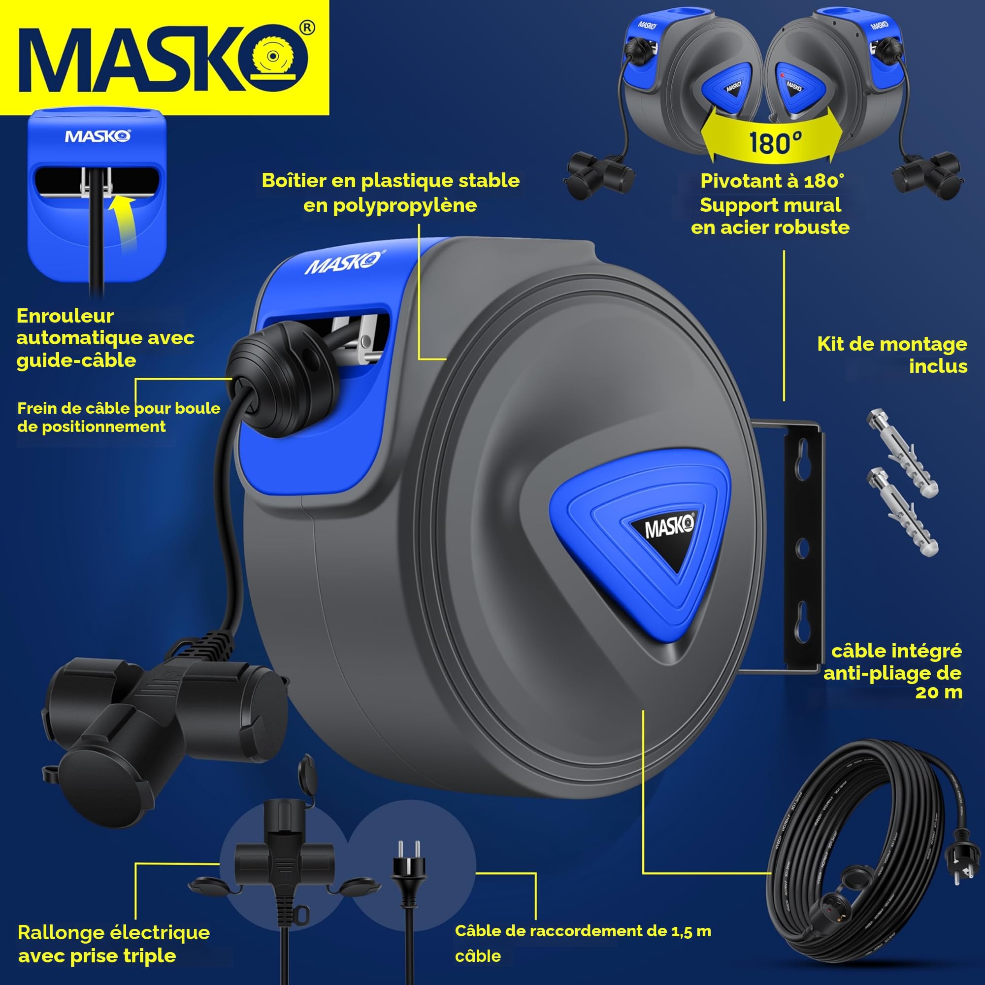 MASKO® Enrouleur de câble/tuyau automatique, 20 m, pour atelier, avec connecteur à 3 positions, rotatif à 180°, câble de 1,5 m, support mural, gants