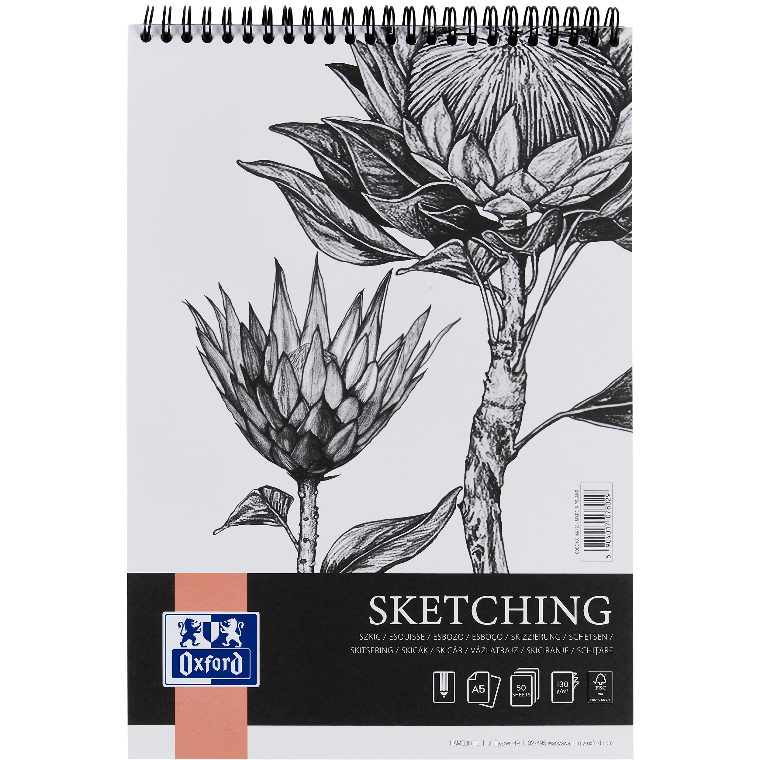 Oxford Artistic Bloc de bocetos A5, 50 hojas, bloc de dibujo con doble espiral, cuaderno de dibujo de 130 g/m², papel sin ácidos, cuaderno de dibujo con cartón trasero estable, cuaderno de bocetos