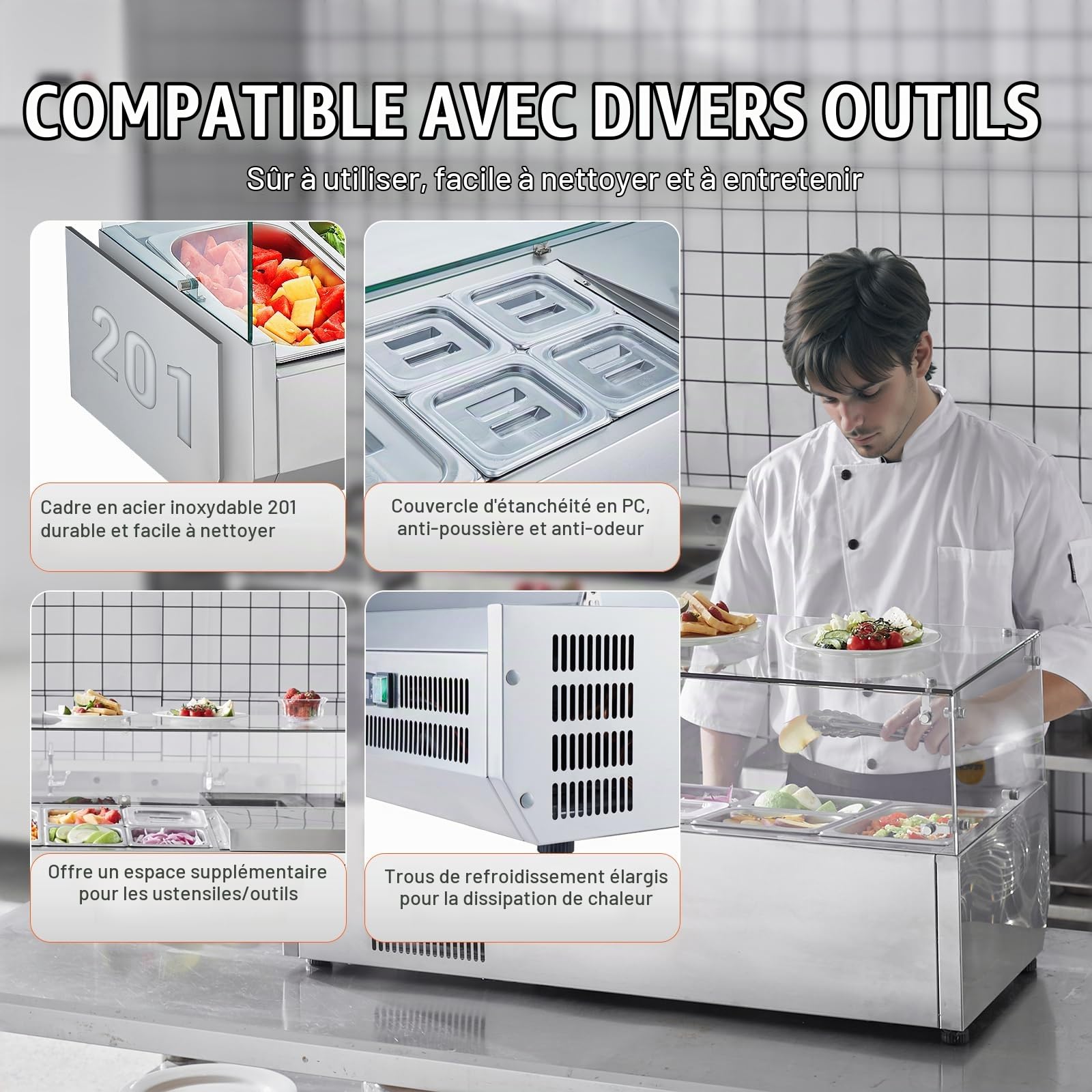 VEVOR Saladette Réfrigérée à Poser 140 W, Vitrine Réfrigérée pour Pizzeria, avec 1 1/3 Casseroles et 4 1/6 Casseroles, Corps en Inox 304 et Couvercle en PC, pour Préparation de Sandwich Ingrédients