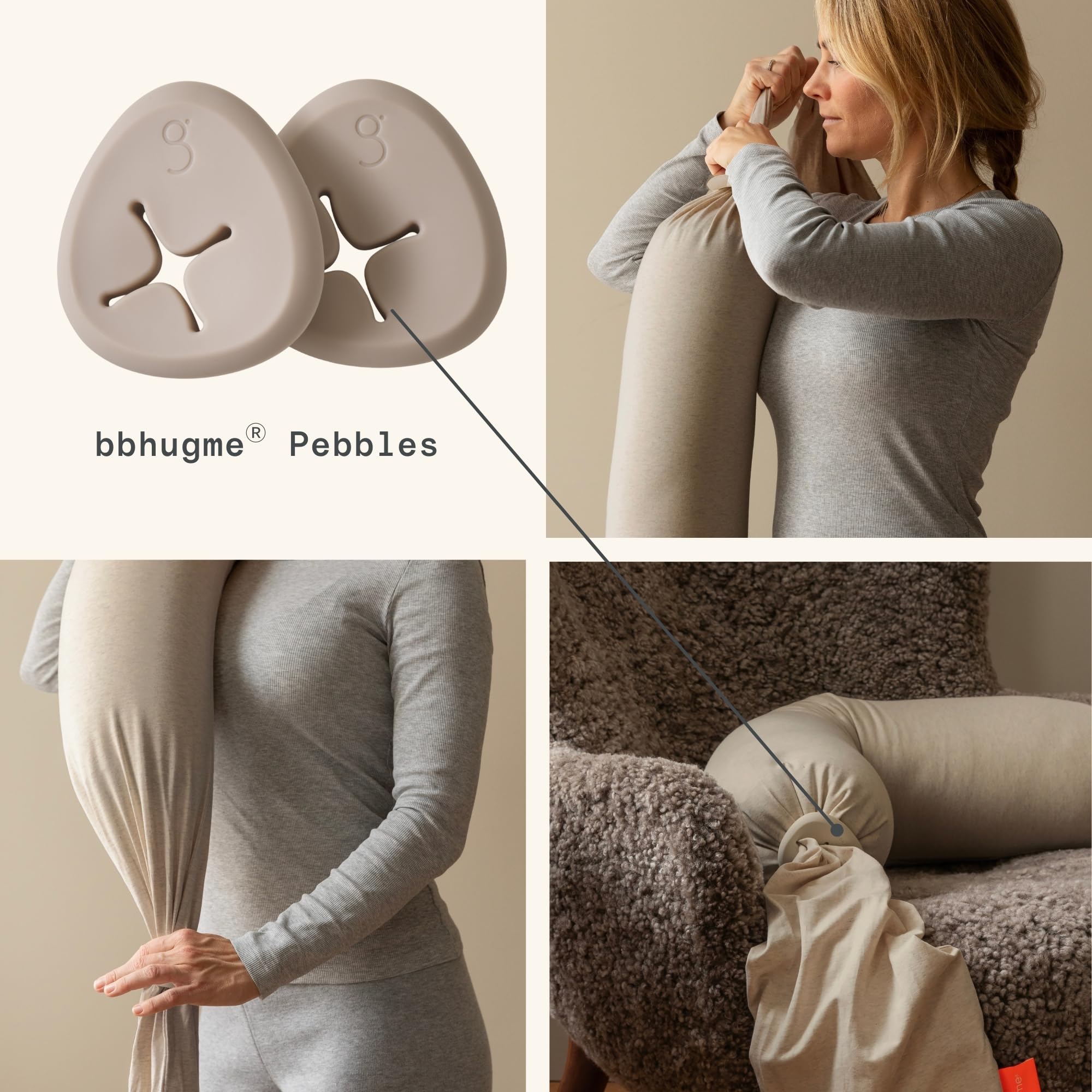 bbhugme Verstellbares Stillkissen – Stillen, Flaschenfütterung, Babyunterstützung – Einstellbare Festigkeit und Passform – waschbarer Kissenbezug – Seashell Beige