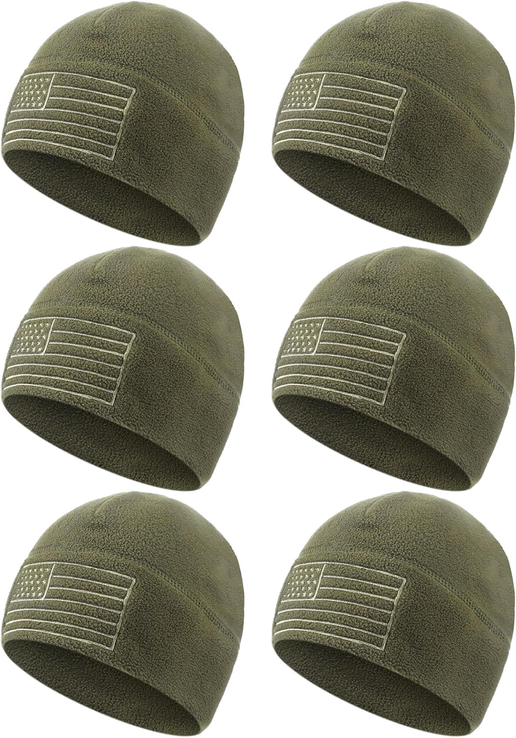6 pcs Fleece Beanie Winter American Flag Beanie Fleece Watch Cap USA Hats Tactical Military Warm Skull Cap for Men Army Green