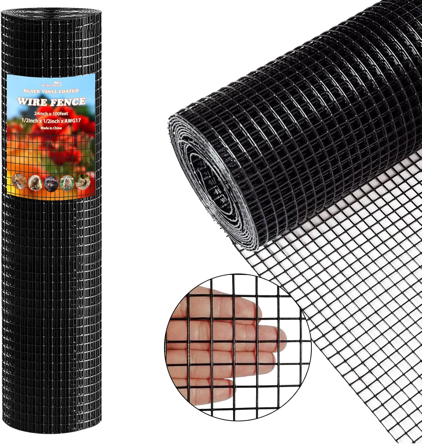 Thinkahead Black Hardware Cloth 1/2 inch 24 X 100 ft 19 Gauge Vinyl PVC Coated Wire Mesh Roll Galvanized Welding Chicken Wire Fencing, Garden Fence, Rabbit Wire, Home Improvement Project.