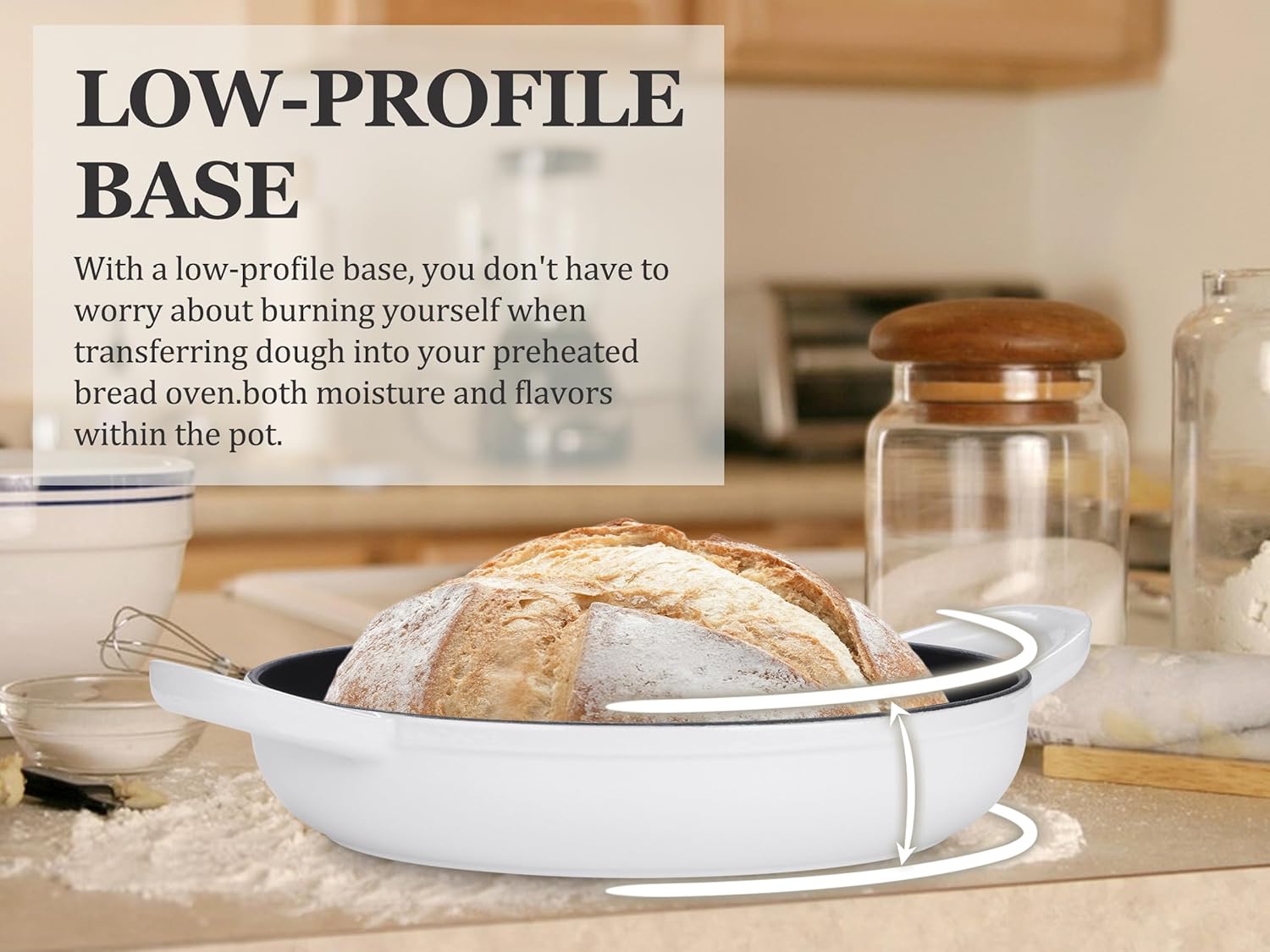 Enameled Cast Iron Bread Oven, Leonyo Dutch Oven for Sourdough Bread Baking, Cast Iron Dutch Ovens Pot with Lid & Non Stick Silicne Baking Mat for Cooking, 6 Quart, White