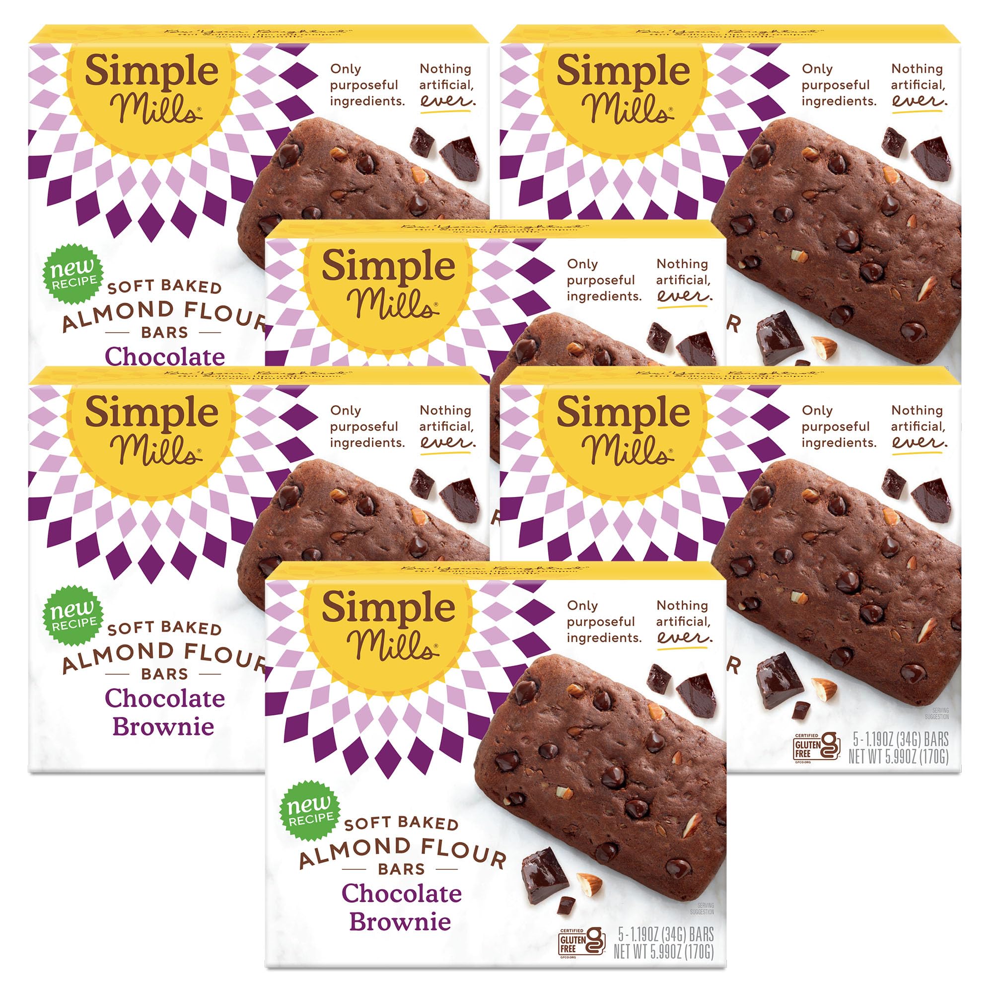 Simple Mills Soft Baked Almond Flour Bars, Chocolate Brownie, Nothing Artificial, Kosher, Grain Free, Gluten Free, 5.99 Ounce (Pack of 6)
