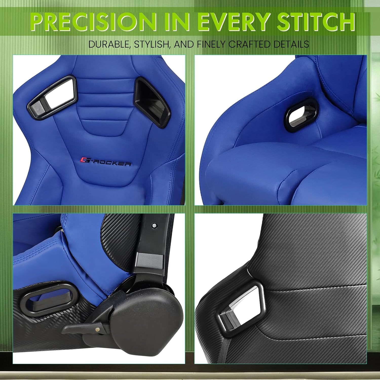 Universal Racing Seat with Dual Sliders, PU Leather Front & Carbon Leather Back Reclinable Bucket Seat, Driver Side-Blue w/LOGO