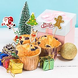 FEPITO 60 Pieces Christmas Cupcake Toppers Picks Merry Christmas Toothpick Flags for Cake Decorations Party Holiday Supplies